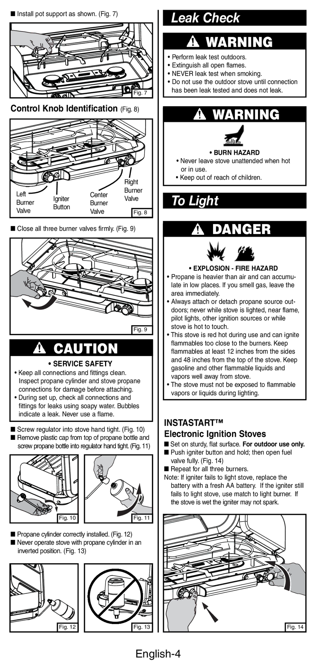 Coleman 5444 Series manual Leak Check, To Light, English-4, Electronic Ignition Stoves 