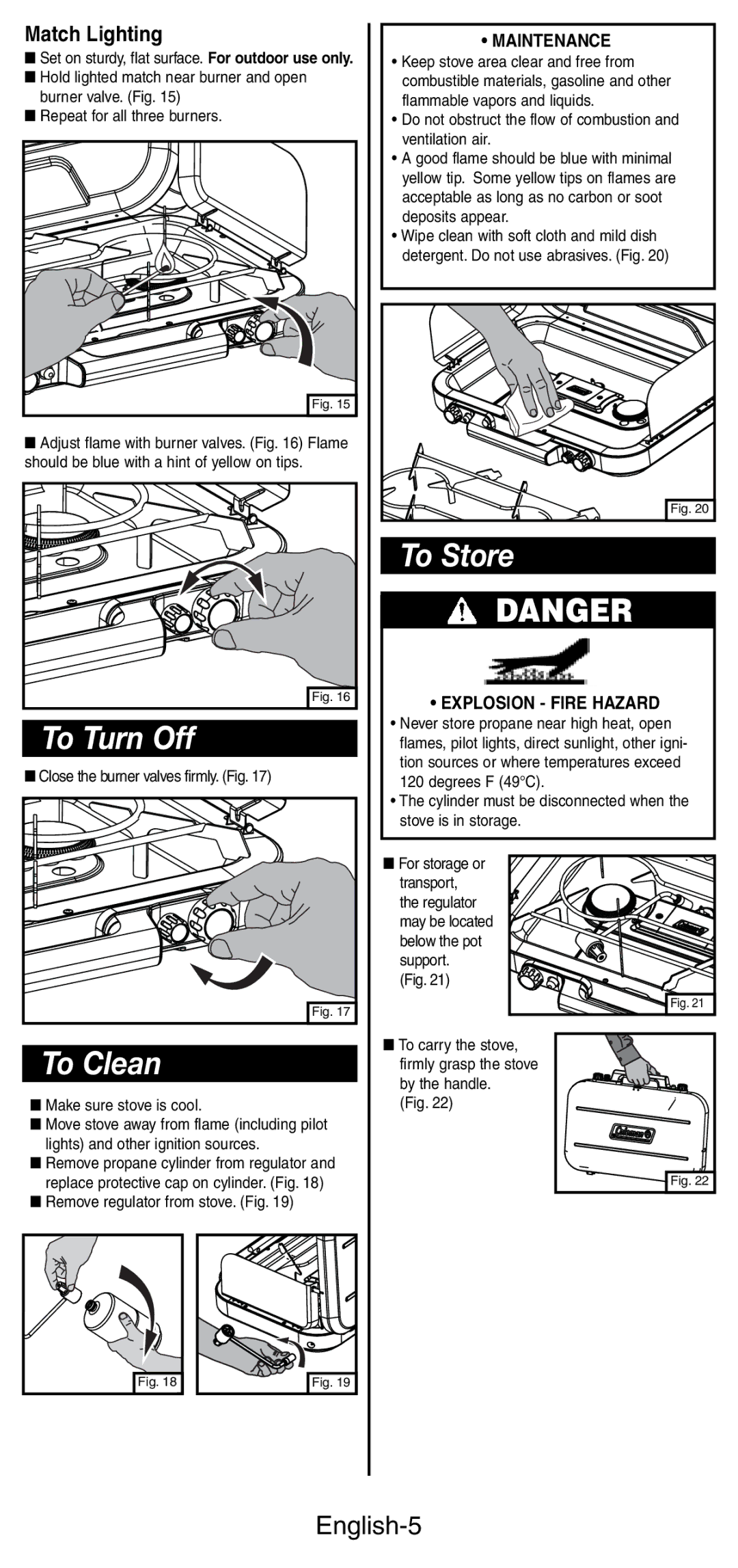 Coleman 5444 Series manual To Turn Off, To Clean, To Store, English-5, Match Lighting 