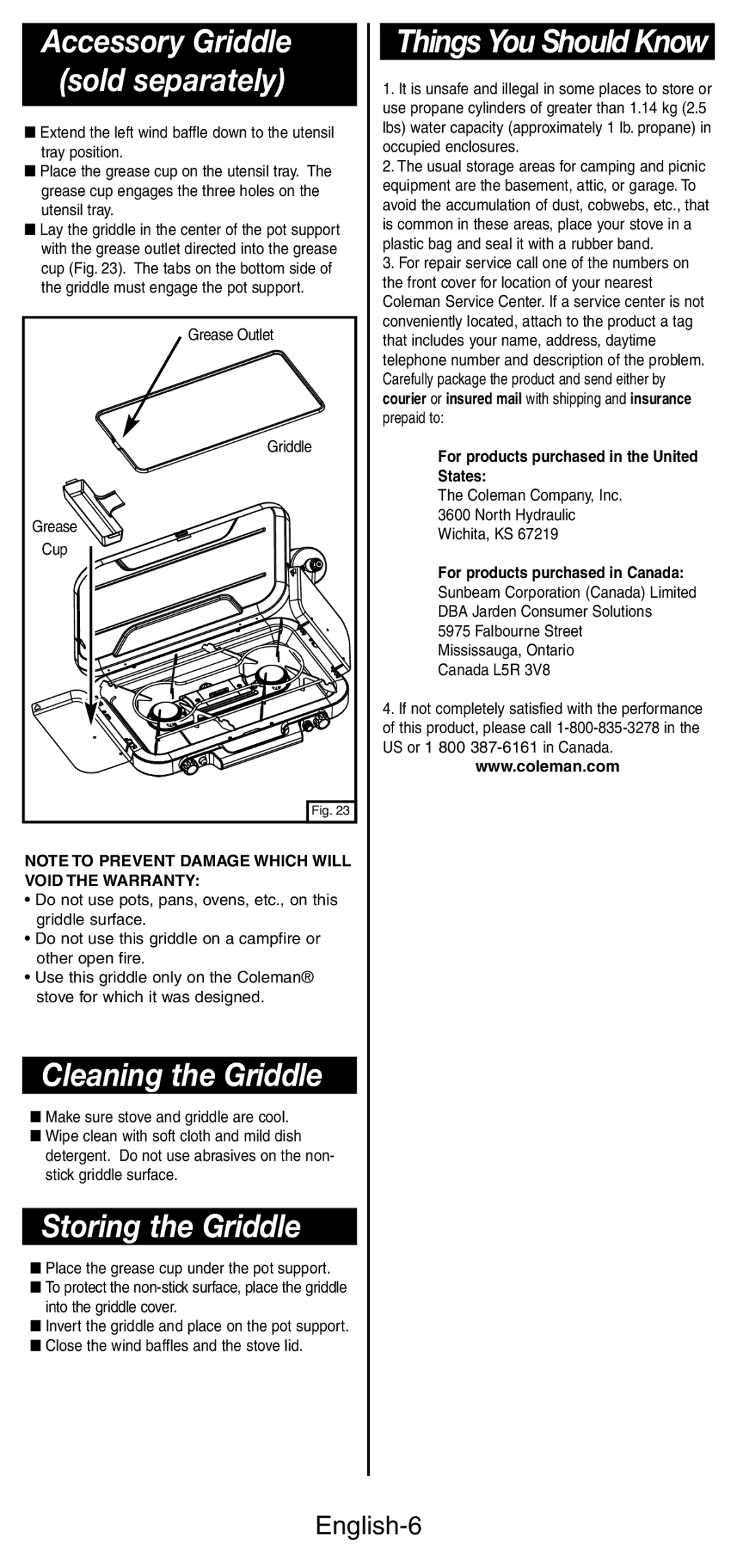 Coleman 5444 Series manual Cleaning the Griddle, Storing the Griddle, English-6 