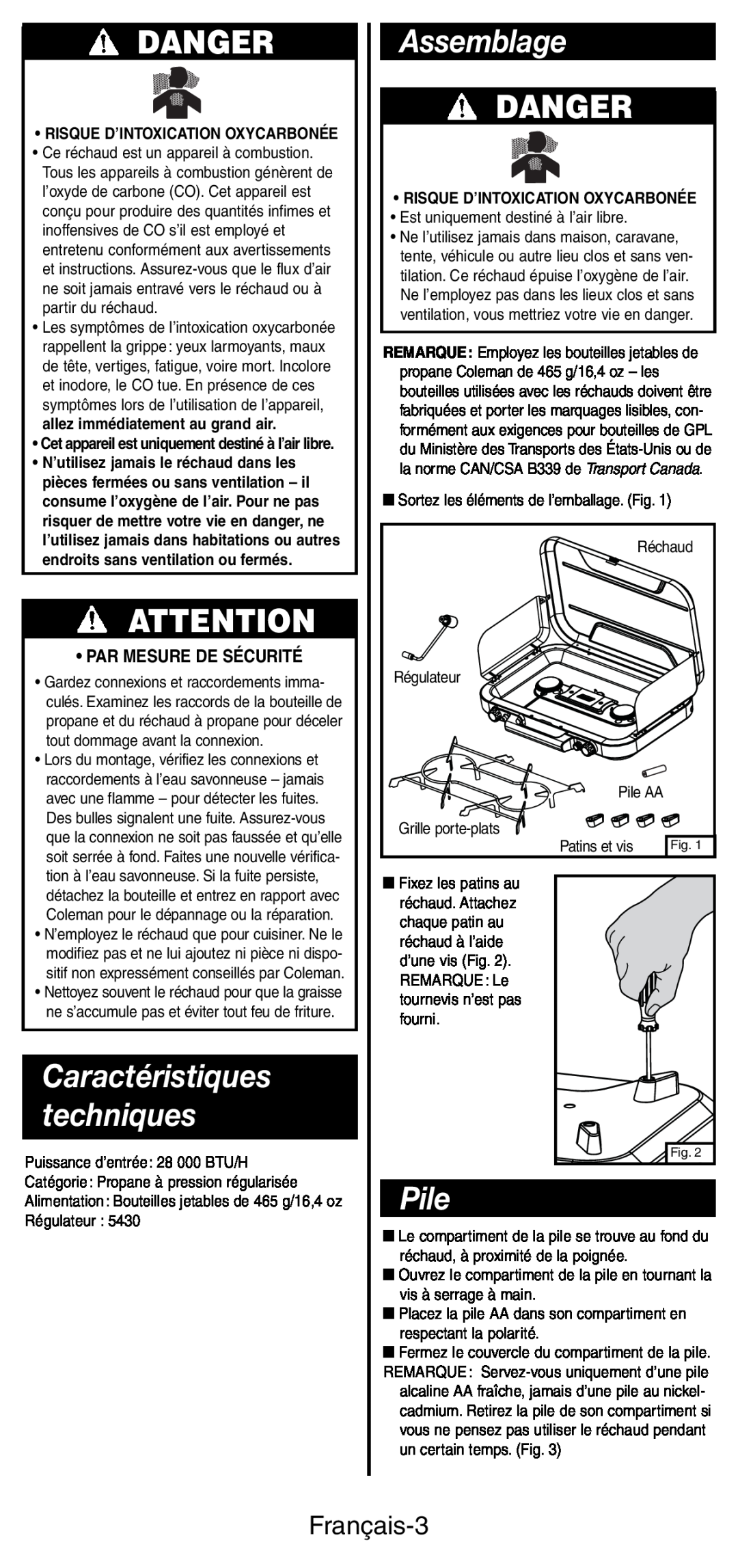 Coleman 5444 Series manual Assemblage, Pile, Caractéristiques techniques, Danger, Français-3, Par Mesure De Sécurité 