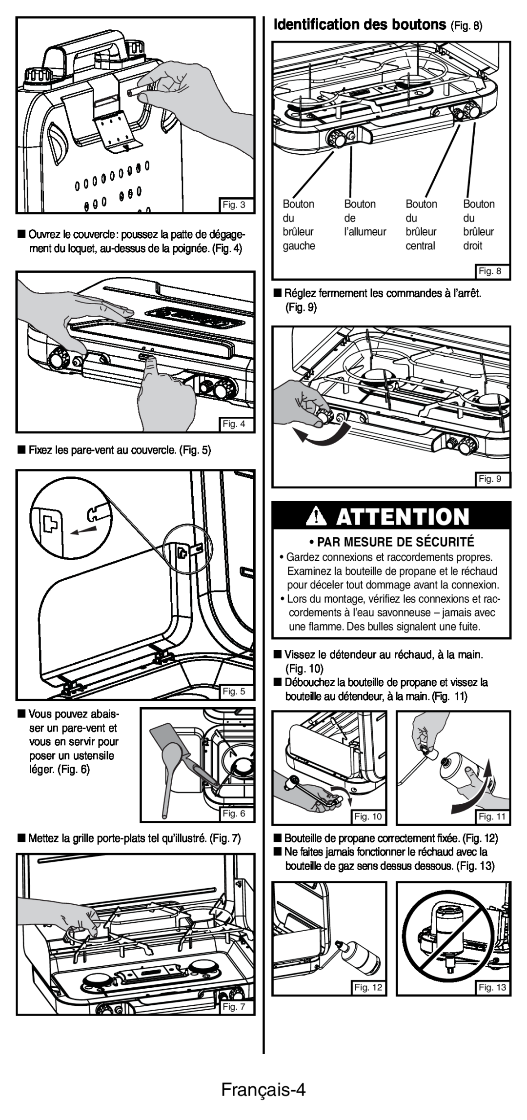 Coleman 5444 Series manual Français-4, Identification des boutons Fig, Par Mesure De Sécurité 