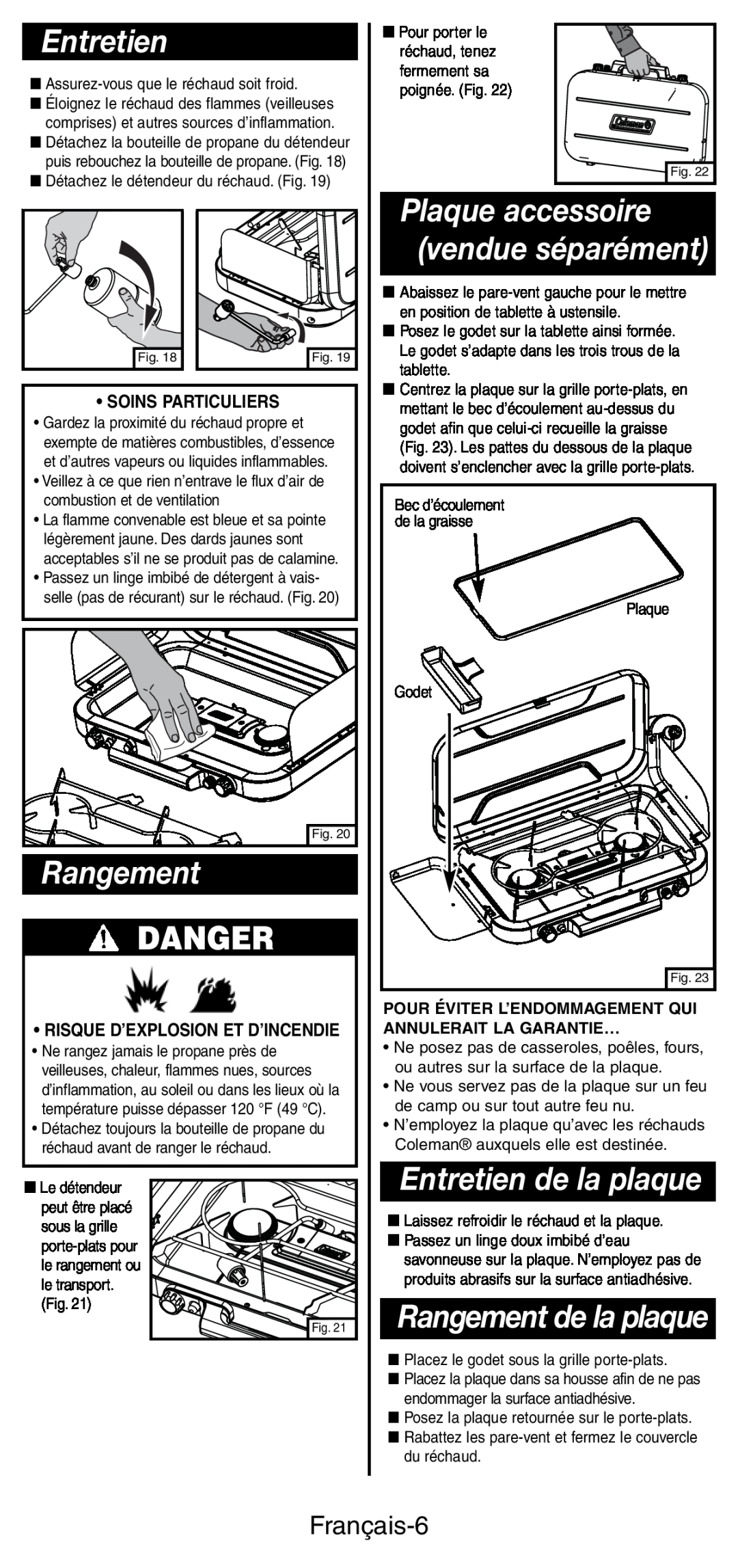 Coleman 5444 Series manual Plaque accessoire, vendue séparément, Rangement, Entretien de la plaque, Danger, Français-6 