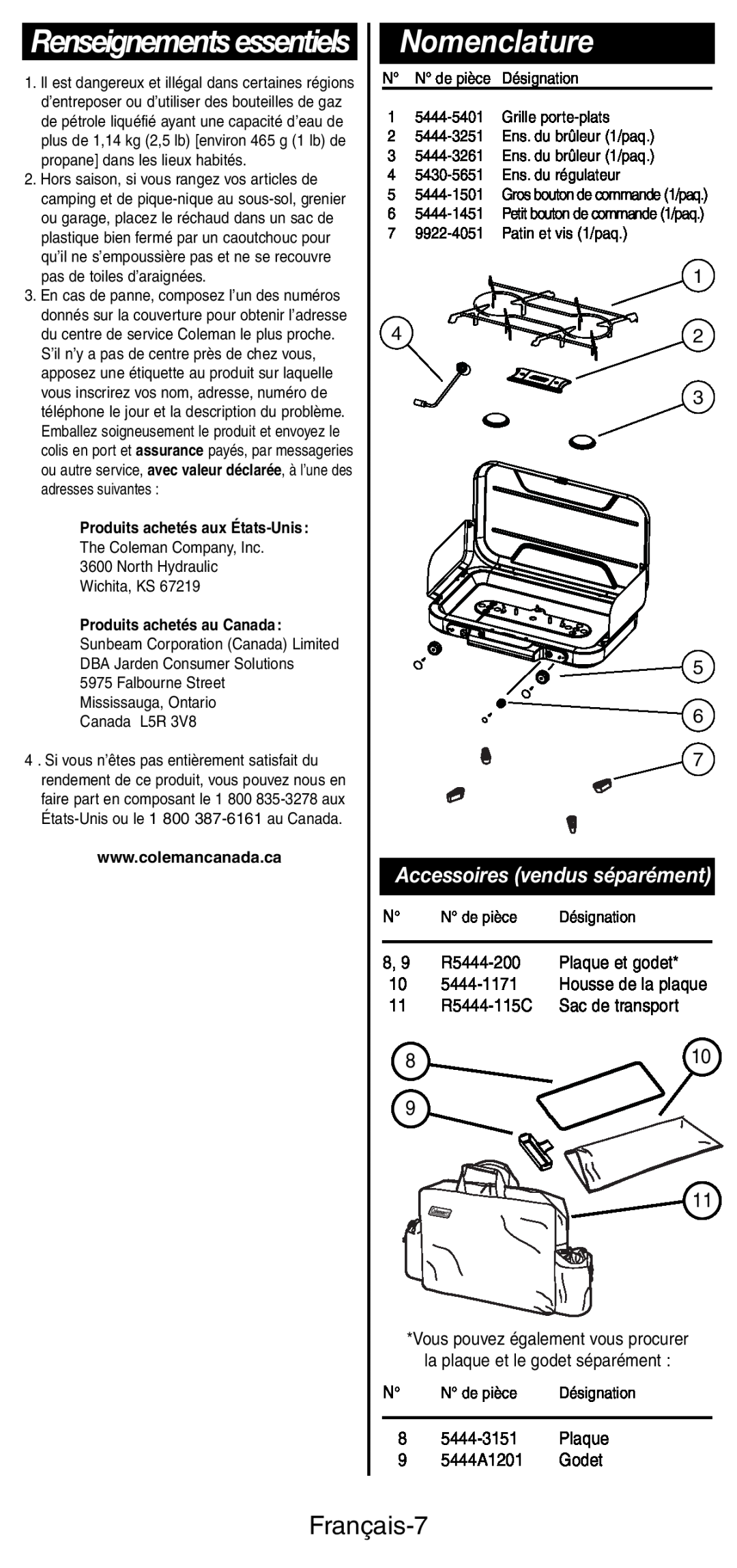 Coleman 5444 Series manual Nomenclature, Renseignements essentiels, Français-7, Accessoires vendus séparément 