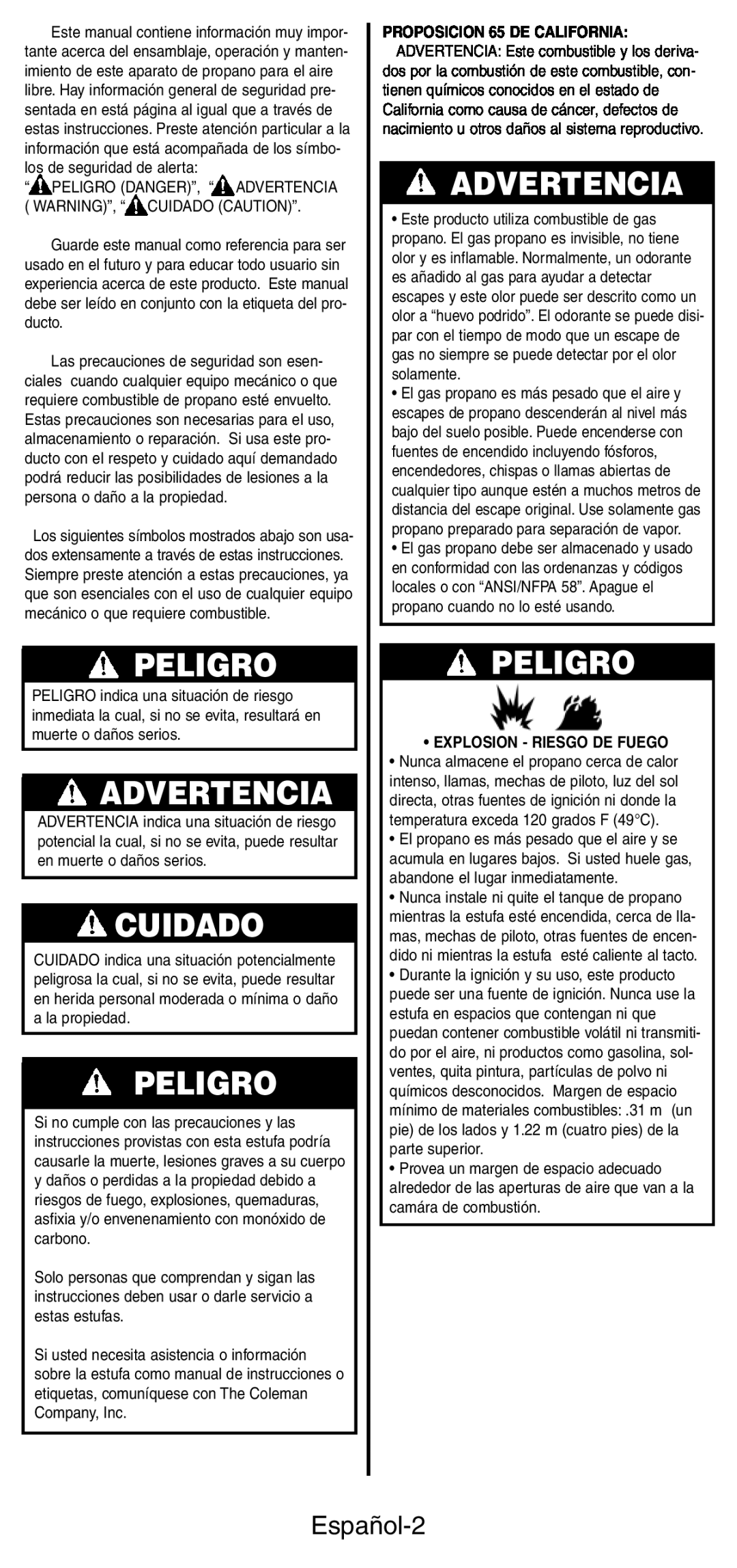 Coleman 5444 Series manual Peligro, Advertencia, Cuidado, Español-2, Explosion - Riesgo De Fuego 
