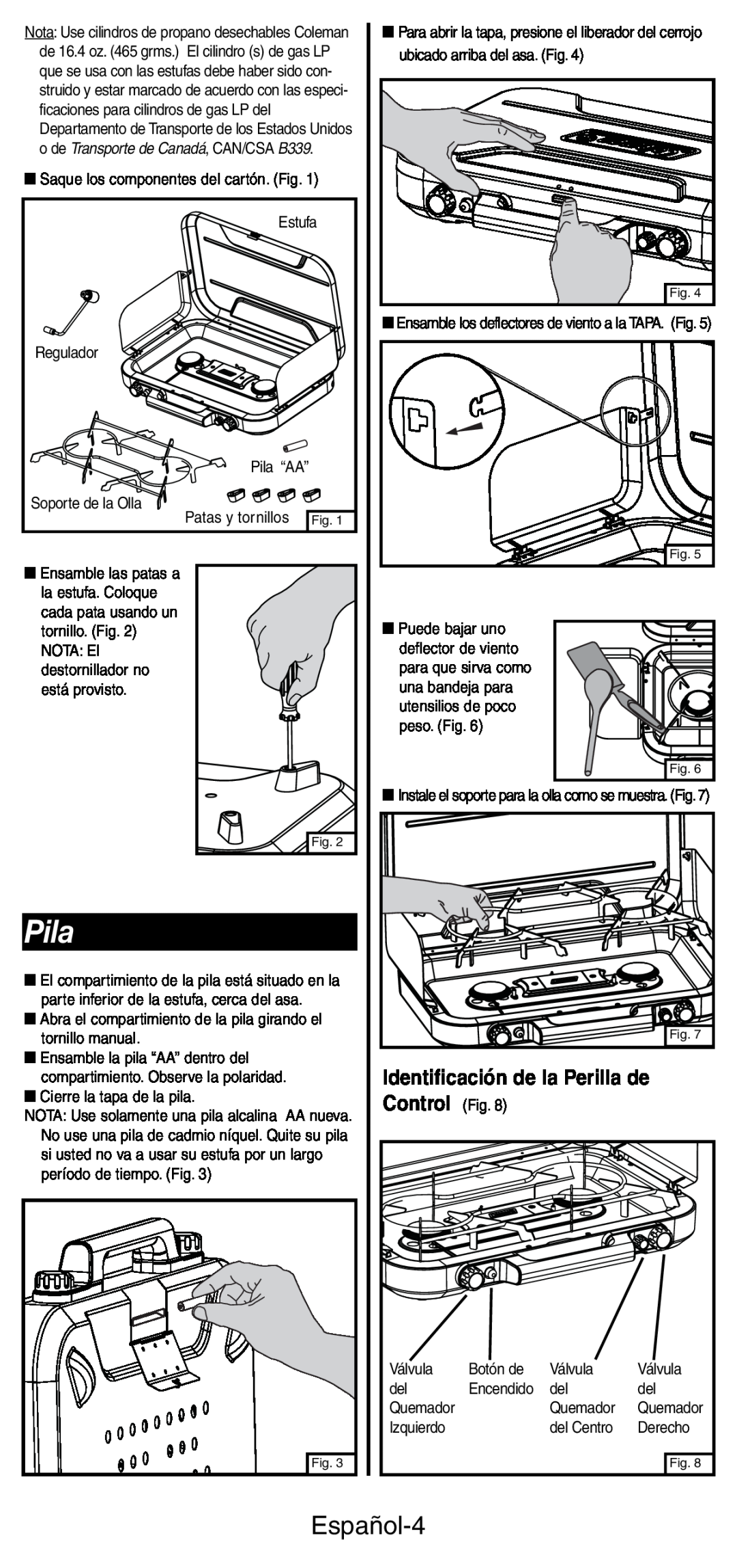 Coleman 5444 Series manual Pila, Español-4, Control Fig, Identificación de la Perilla de 