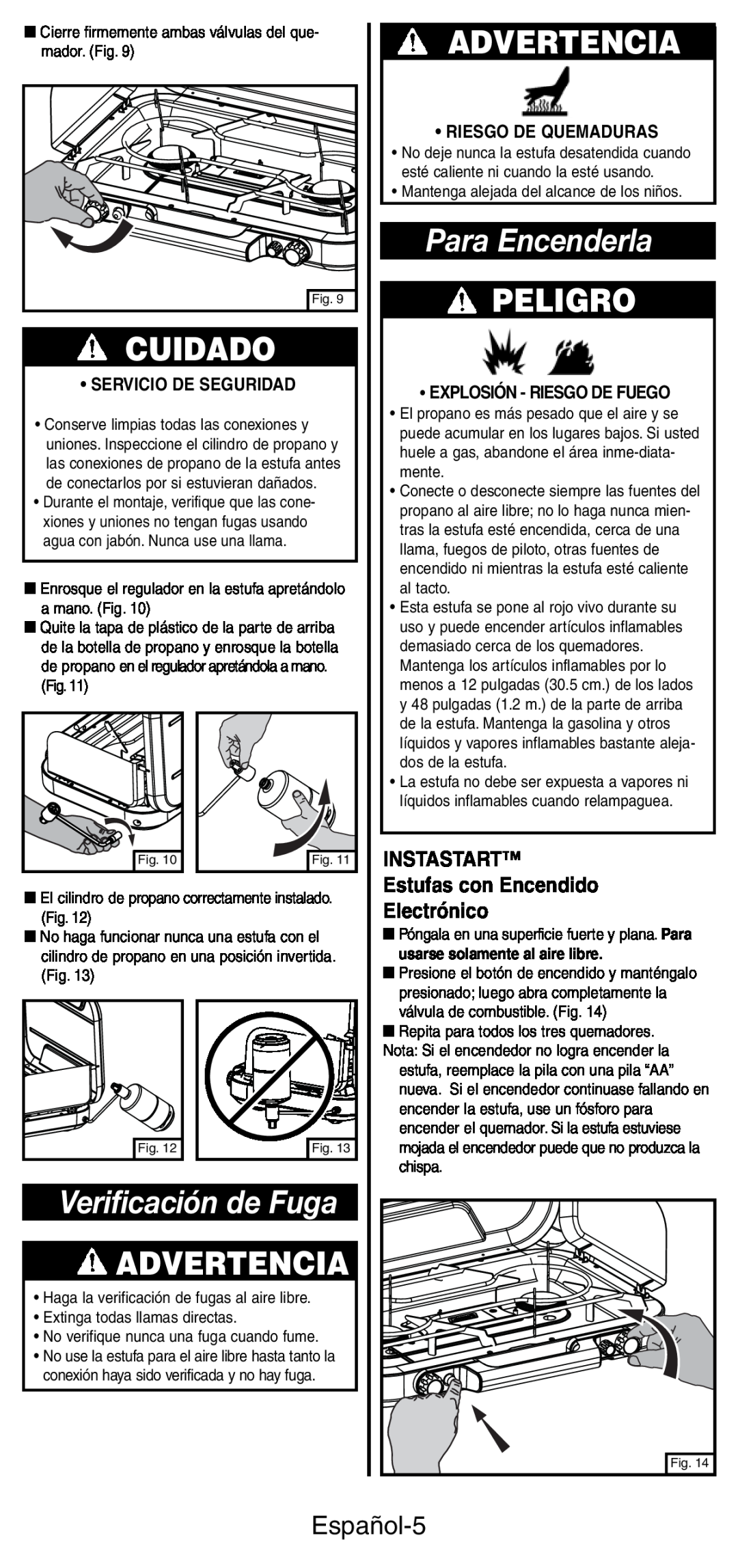 Coleman 5444 Series manual Para Encenderla, Verificación de Fuga, Cuidado, Advertencia, Peligro, Español-5, Electrónico 
