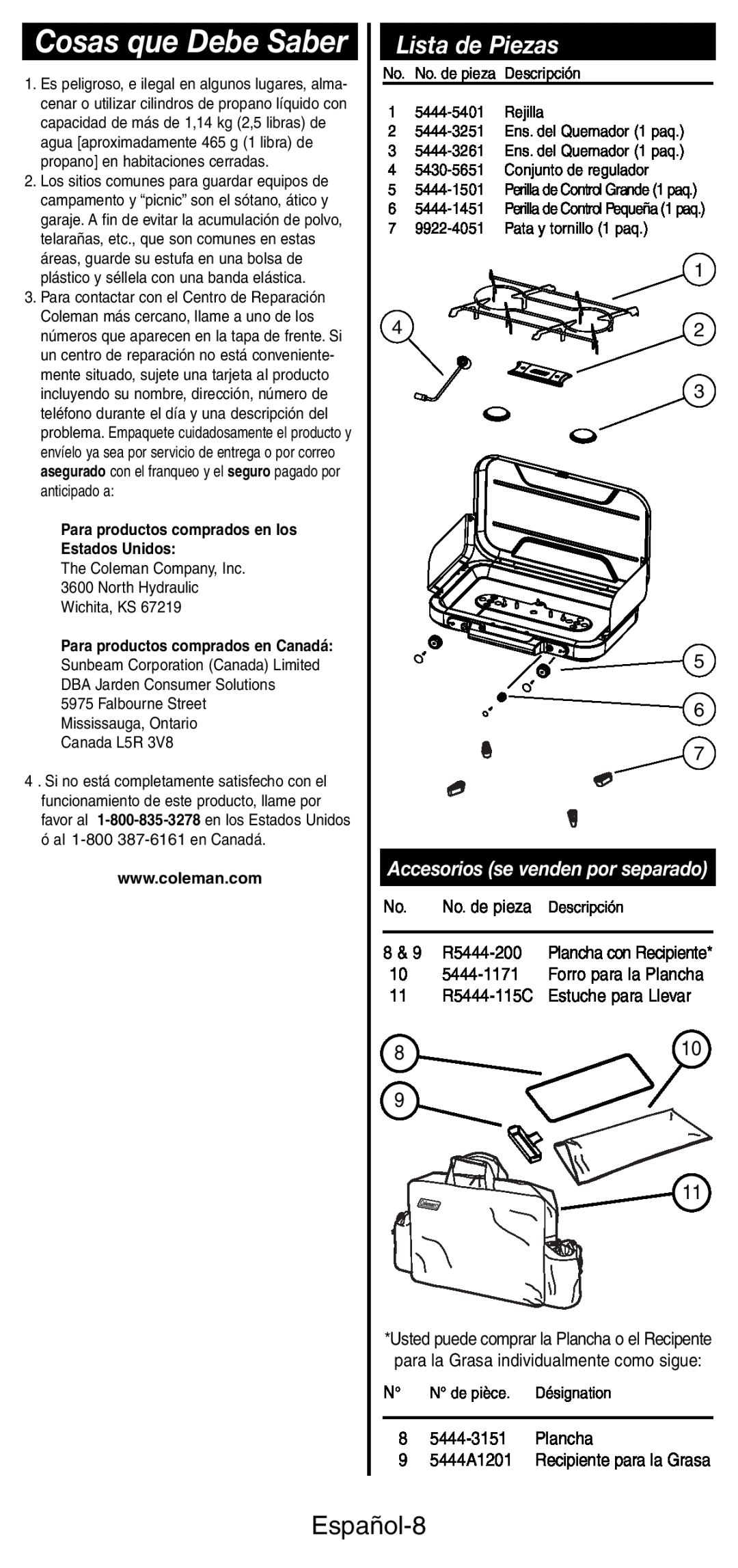 Coleman 5444 Series manual Cosas que Debe Saber, Lista de Piezas, Español-8, Accesorios se venden por separado 