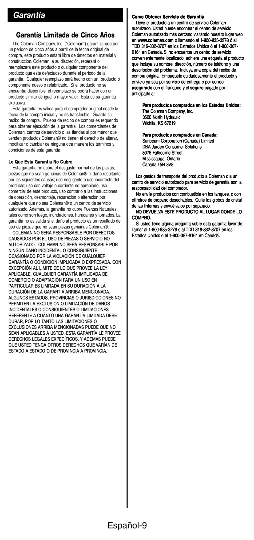 Coleman 5444 Series manual Español-9, Garantía Limitada de Cinco Años, Lo Que Esta Garantia No Cubre 