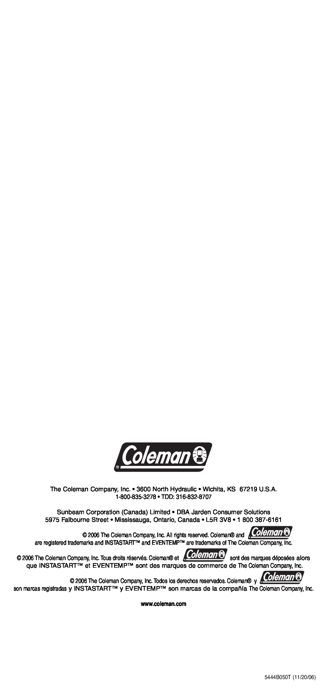 Coleman 5444 Series manual Sunbeam Corporation Canada Limited DBA Jarden Consumer Solutions 