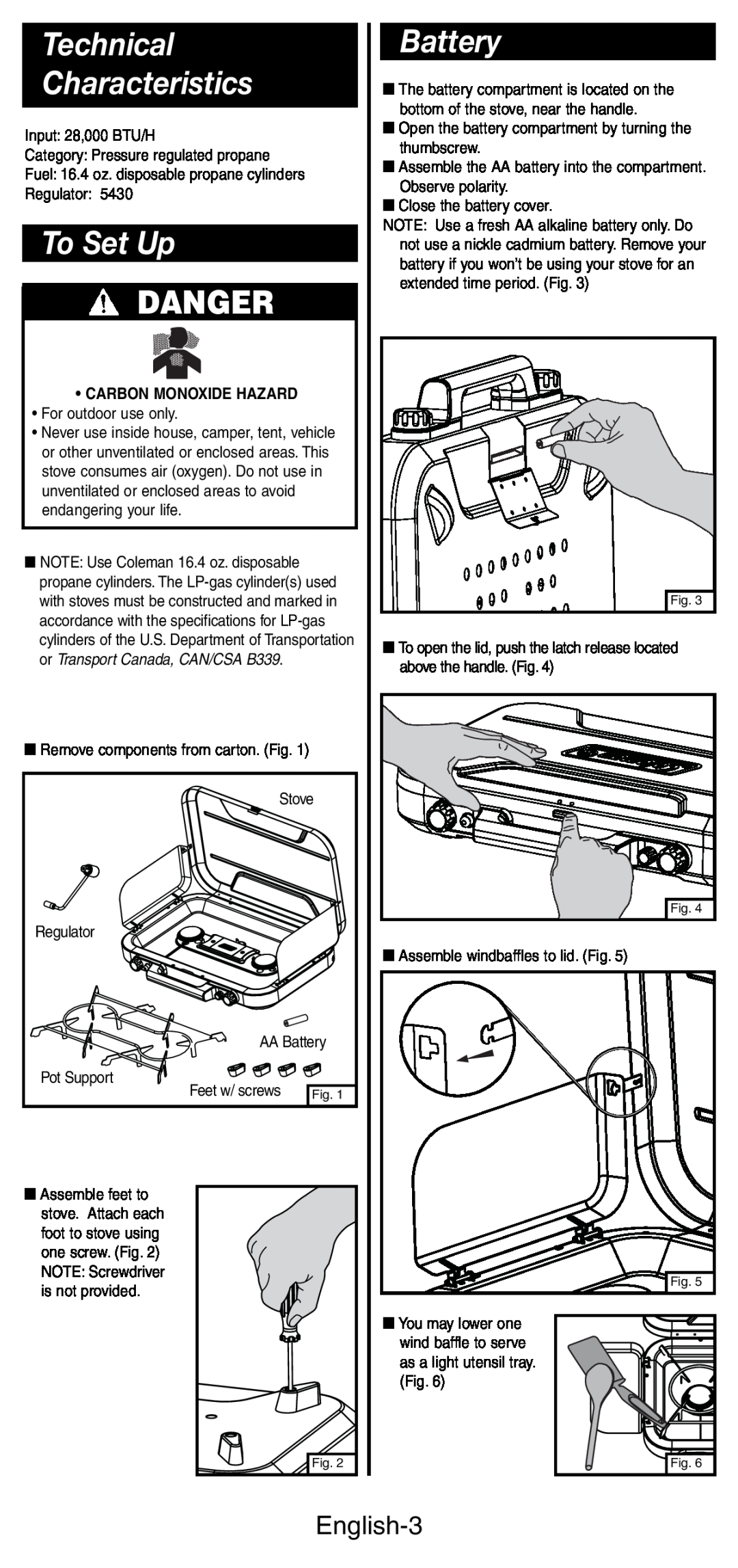 Coleman 5444 Series manual Technical Characteristics, To Set Up, Battery, Danger, English-3, Carbon Monoxide Hazard 