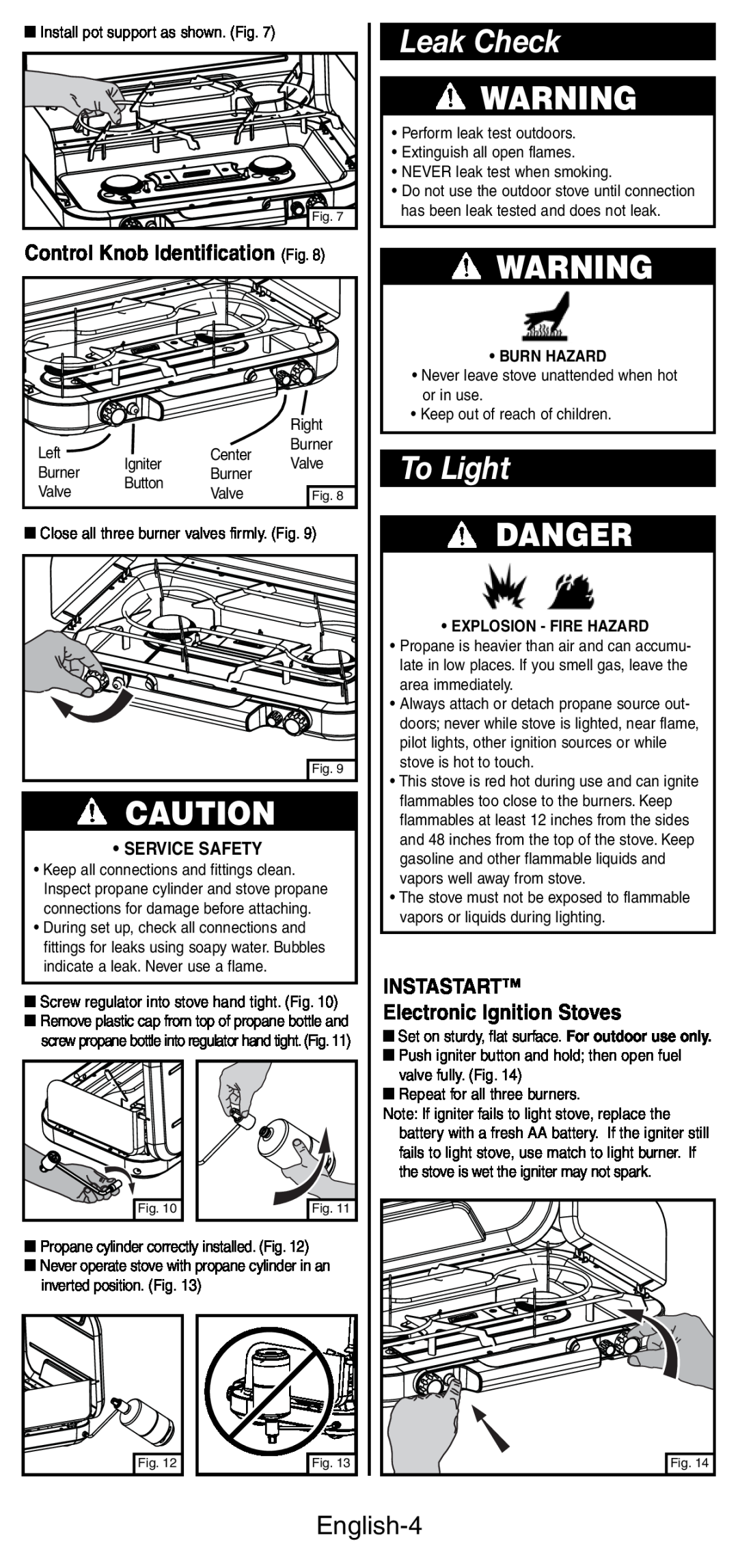 Coleman 5444 Series manual Leak Check, To Light, Danger, English-4, INSTASTART Electronic Ignition Stoves, Service Safety 