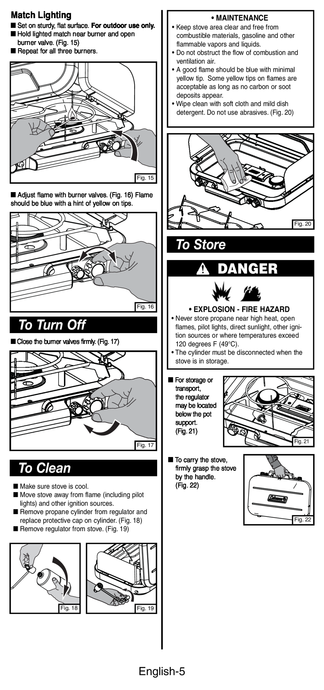 Coleman 5444 Series manual To Turn Off, To Clean, To Store, Danger, English-5, Match Lighting, Maintenance 