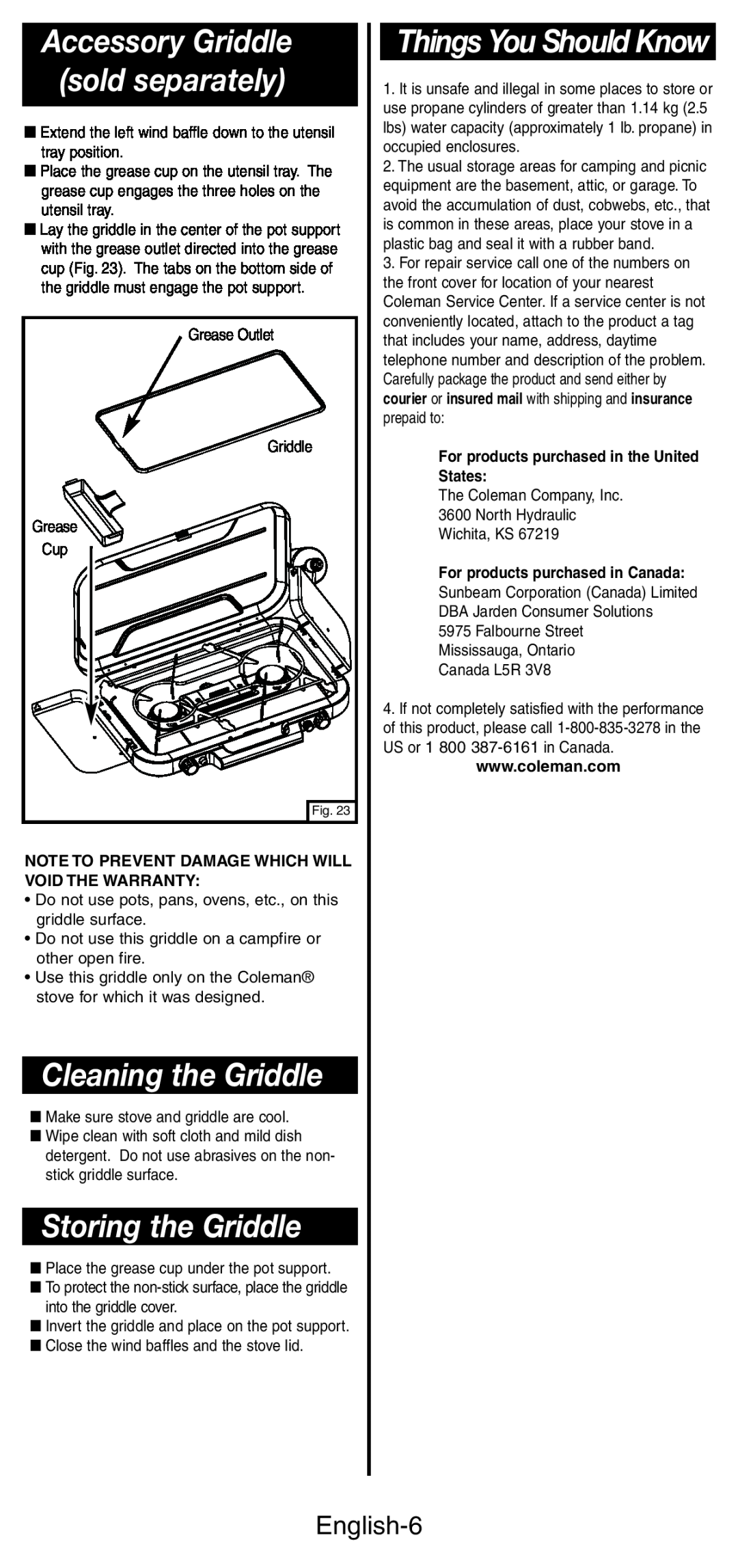 Coleman 5444 Series Cleaning the Griddle, Storing the Griddle, Accessory Griddle sold separately, Things You Should Know 