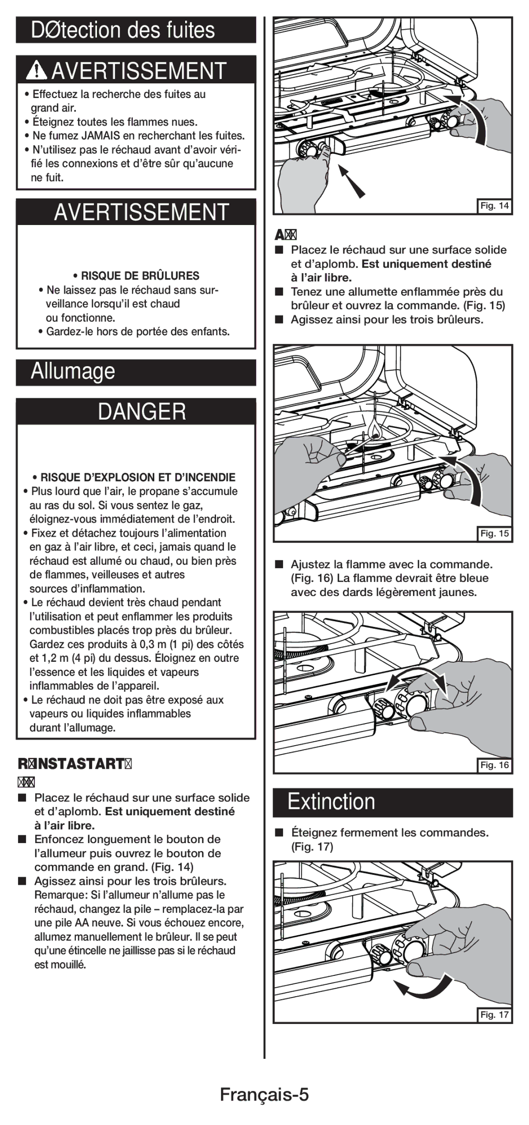 Coleman 5444 manual Détection des fuites, Extinction, Français-5, Allumage manuel 