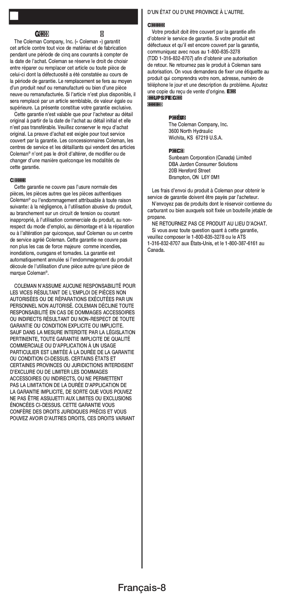 Coleman 5444 Français-8, Garantie limitée de 5 ans, Ce que ne couvre pas cette garantie, Produits achetés aux États-Unis 