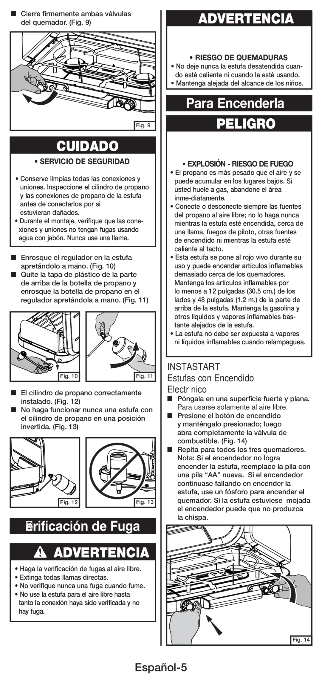 Coleman 5444 Para Encenderla, Verificación de Fuga, Español-5, Estufas con Encendido Electrónico, Riesgo DE Quemaduras 