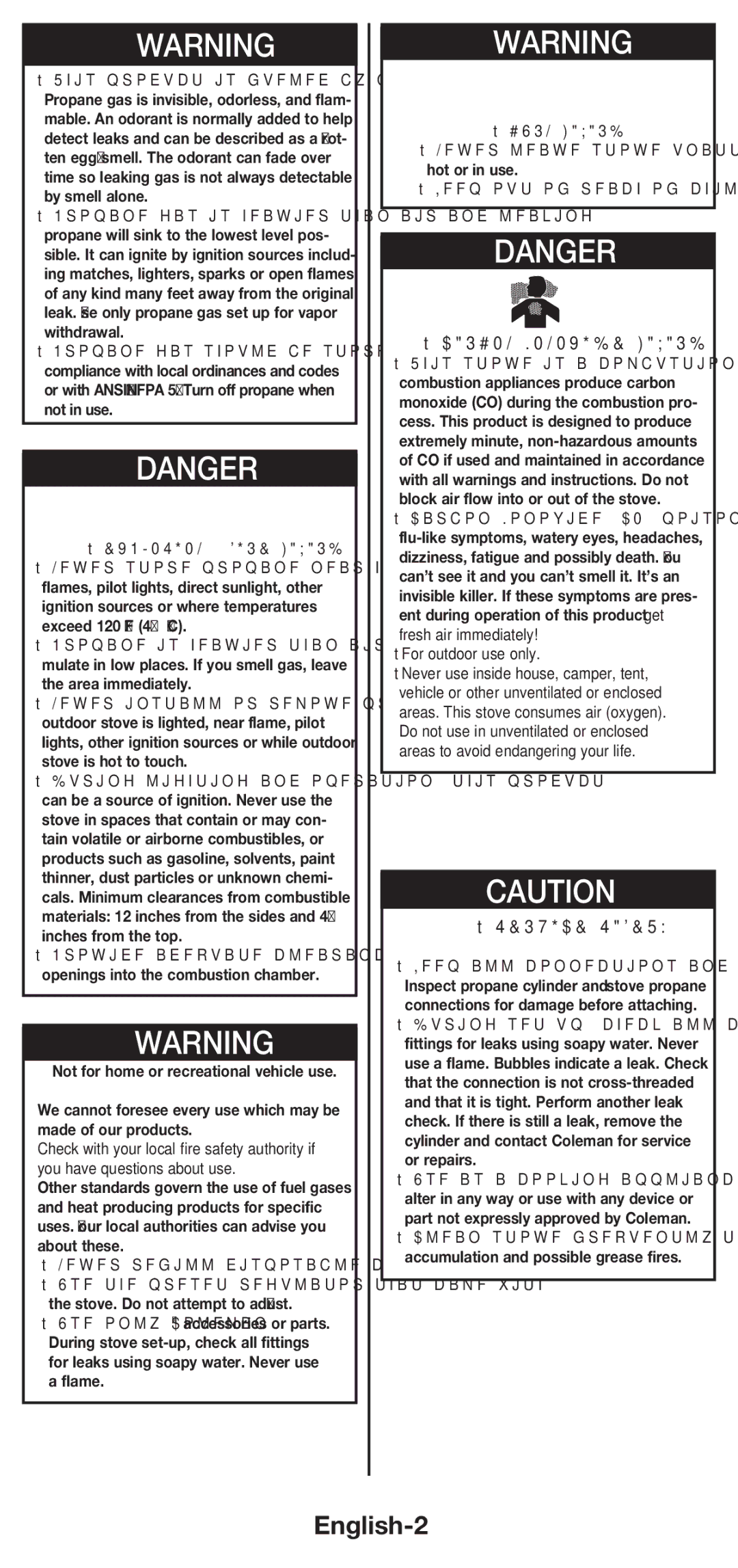 Coleman 5444 manual English-2, Carbon Monoxide Hazard, Service Safety, Explosion Fire Hazard, Burn Hazard 