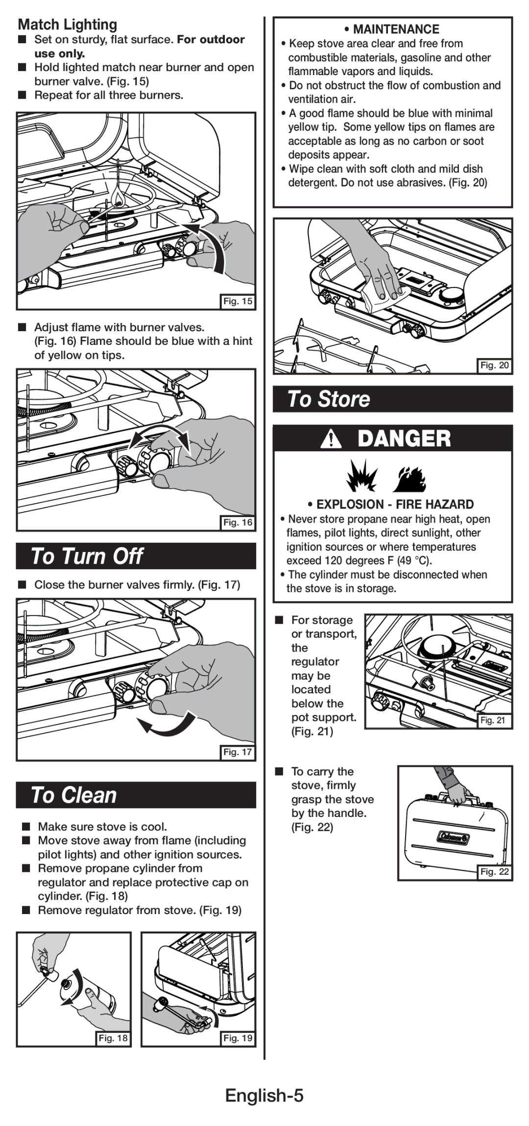 Coleman 5444 manual To Turn Off, To Store, To Clean, English-5, Match Lighting 