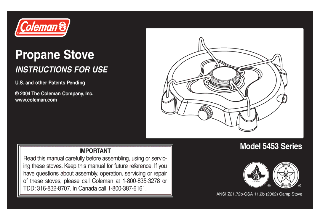 Coleman 5453 manual Propane Stove 