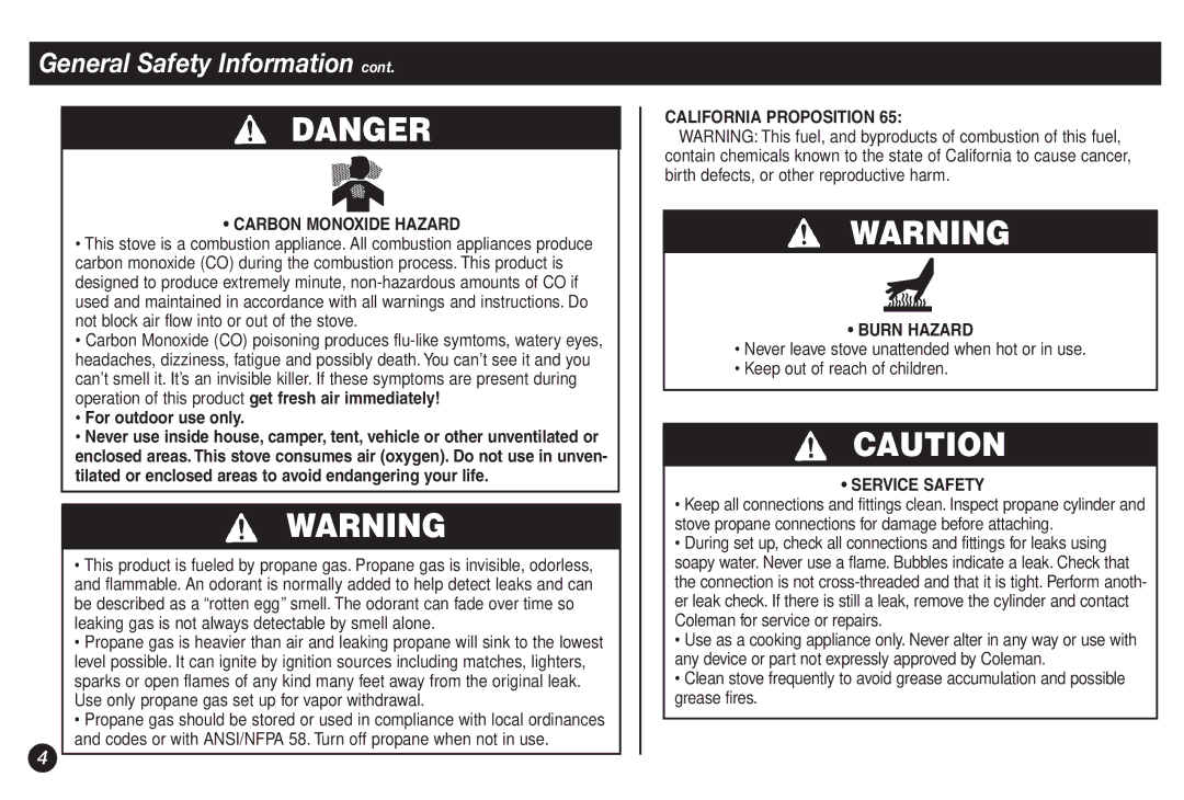 Coleman 5453 manual Carbon Monoxide Hazard, California Proposition Burn Hazard, Service Safety 