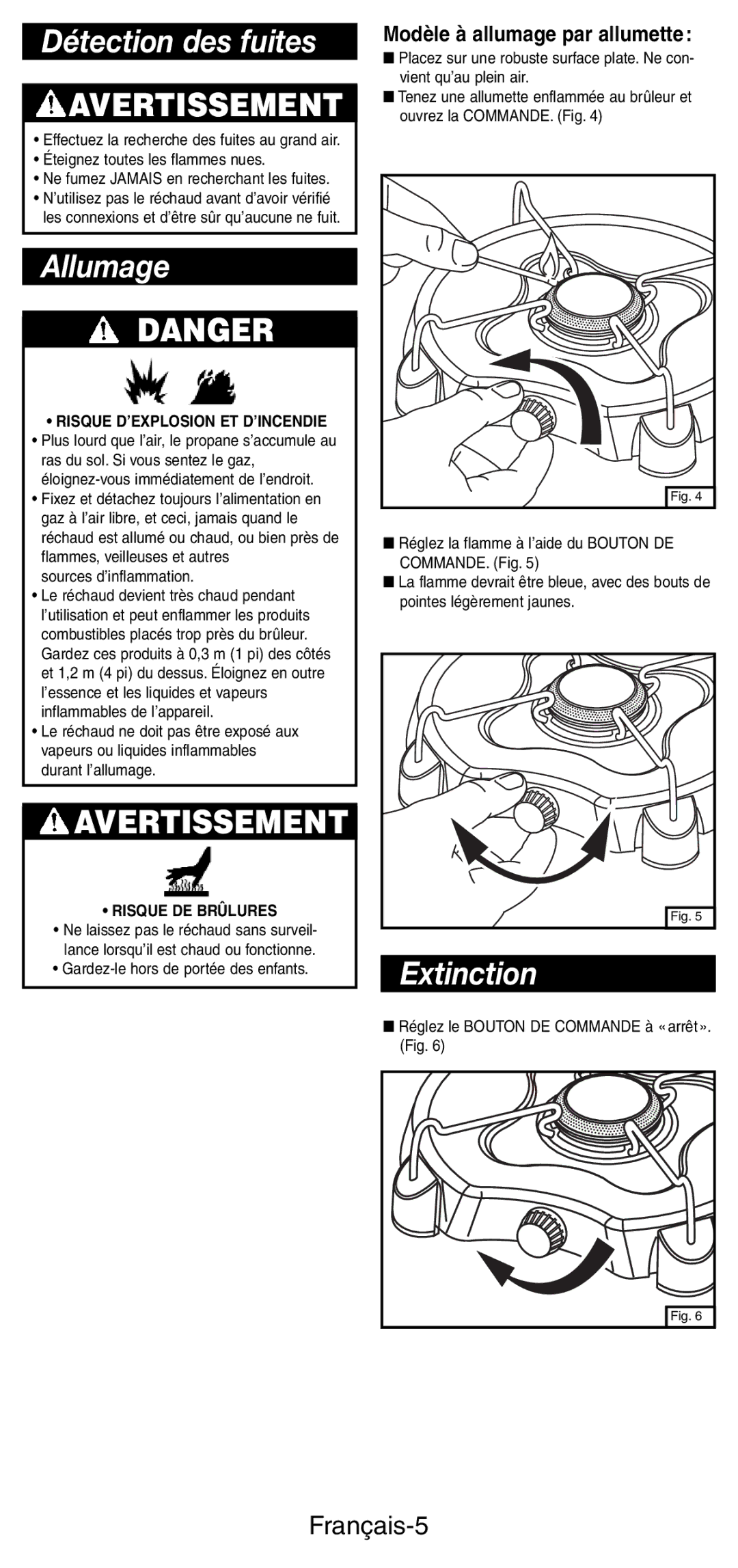 Coleman 5453A manual Détection des fuites, Allumage, Extinction, Français-5 