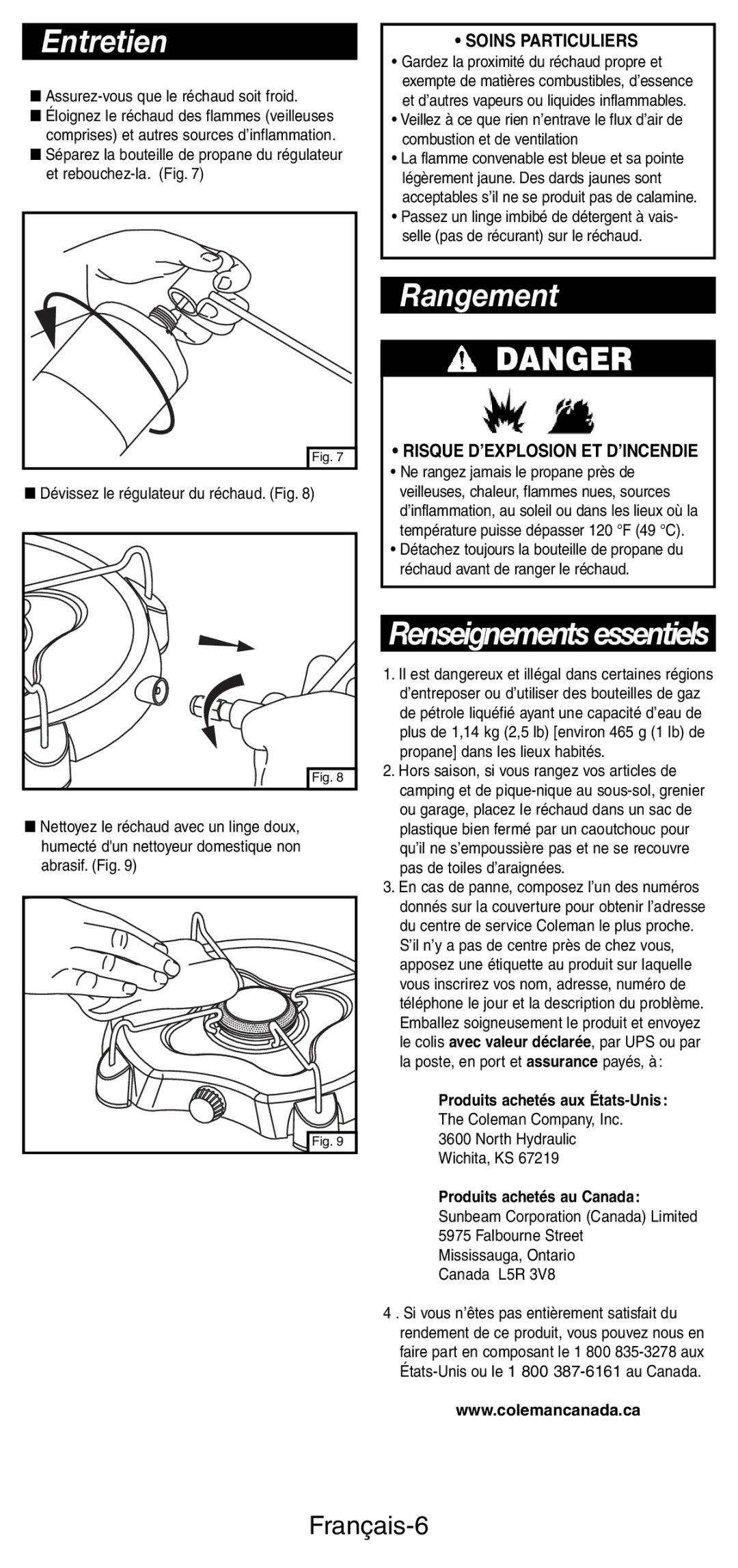 Coleman 5453A manual Entretien, Rangement, Renseignements essentiels, Français-6, Soins Particuliers 