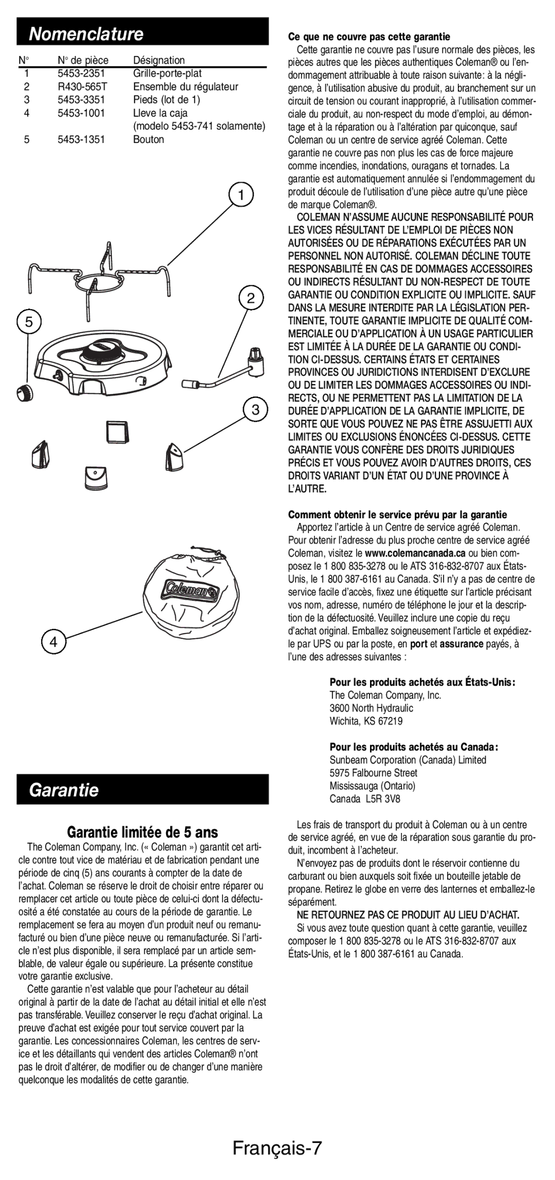 Coleman 5453A manual Nomenclature, Garantie, Français-7 