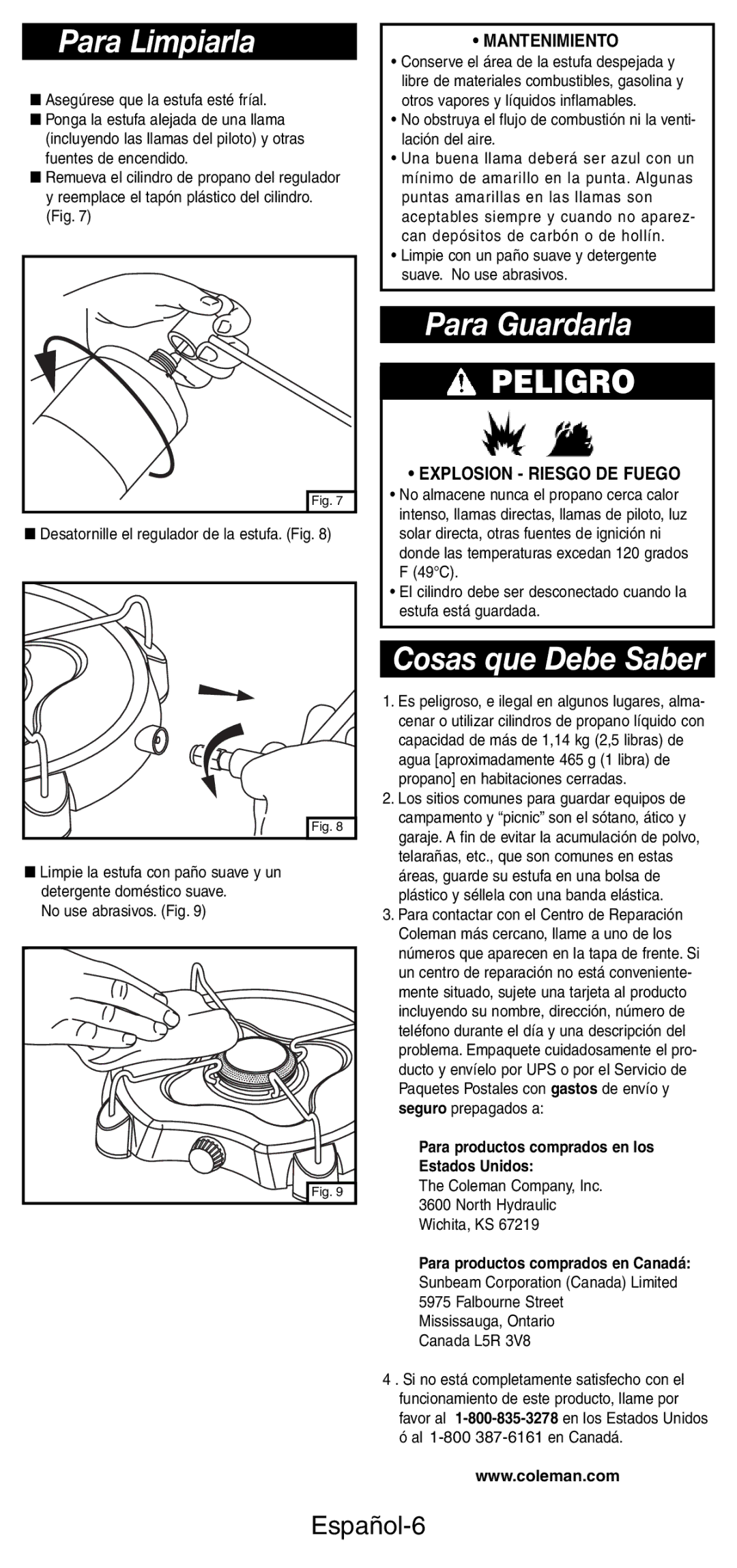 Coleman 5453A manual Para Limpiarla, Para Guardarla, Cosas que Debe Saber, Español-6 