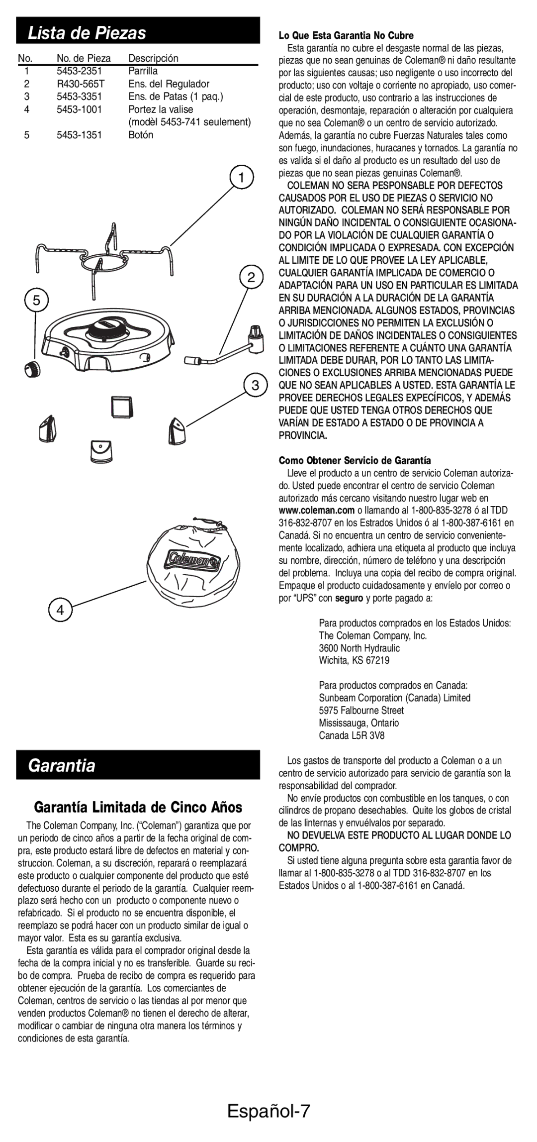 Coleman 5453A manual Lista de Piezas, Garantia, Español-7 