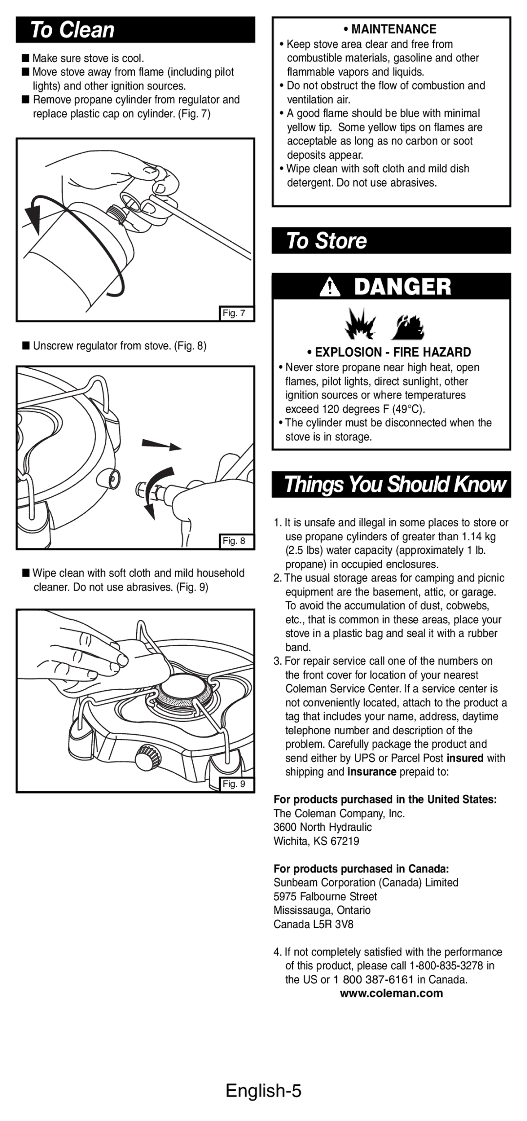 Coleman 5453A manual To Clean, To Store, English-5, Maintenance, Explosion Fire Hazard 