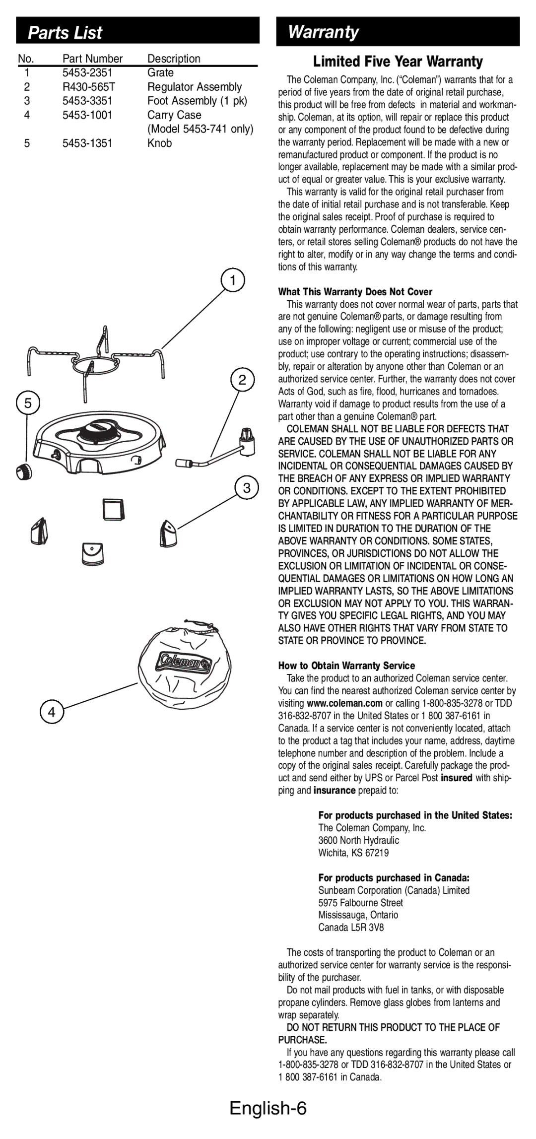 Coleman 5453A manual Parts List, Warranty, English-6 