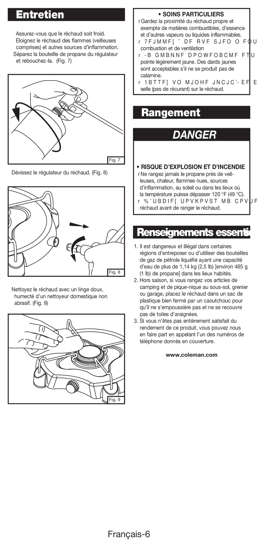 Coleman 5453A manual Entretien, Rangement, Renseignements essentiels, Français-6, Soins Particuliers 