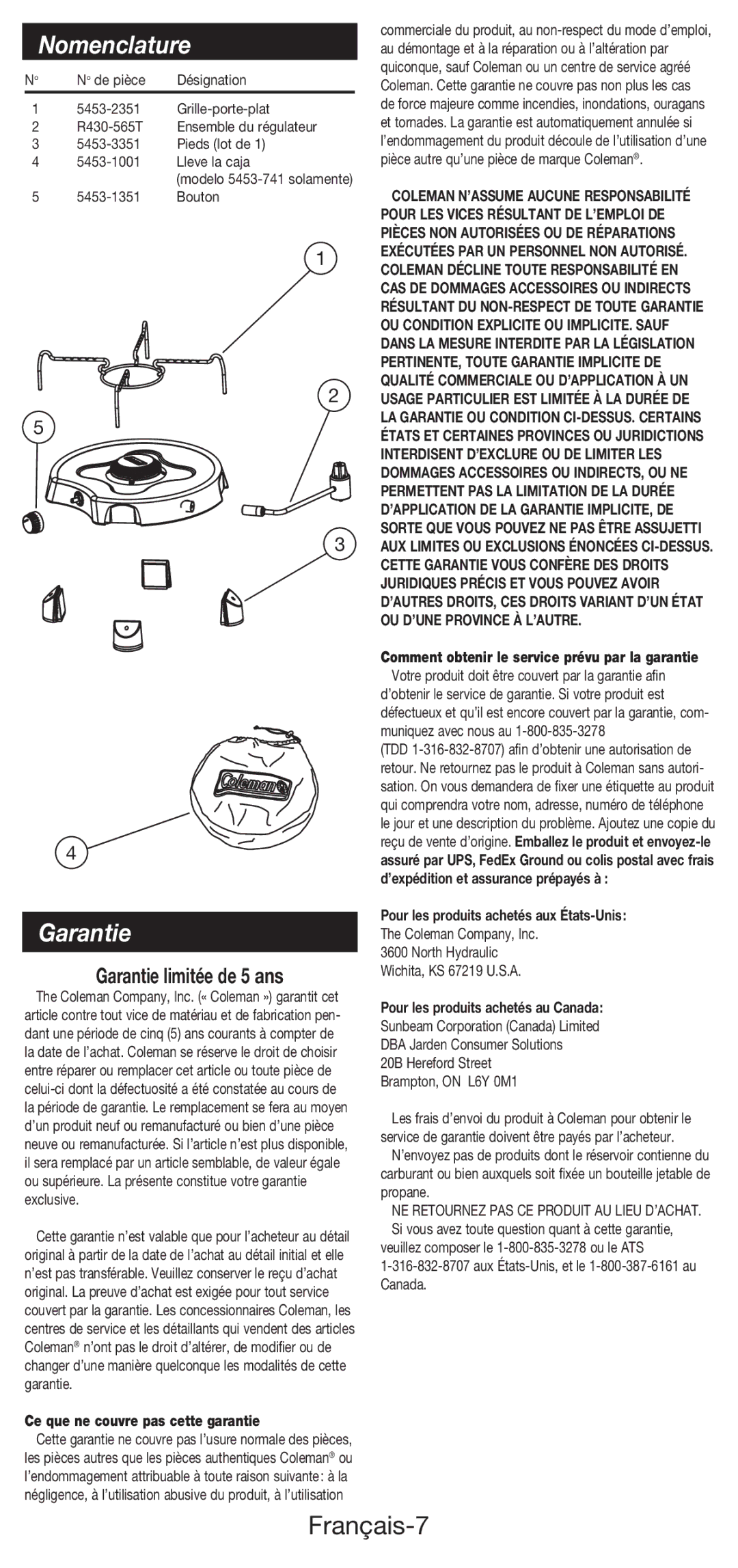 Coleman 5453A manual Nomenclature, Français-7, Garantie limitée de 5 ans 