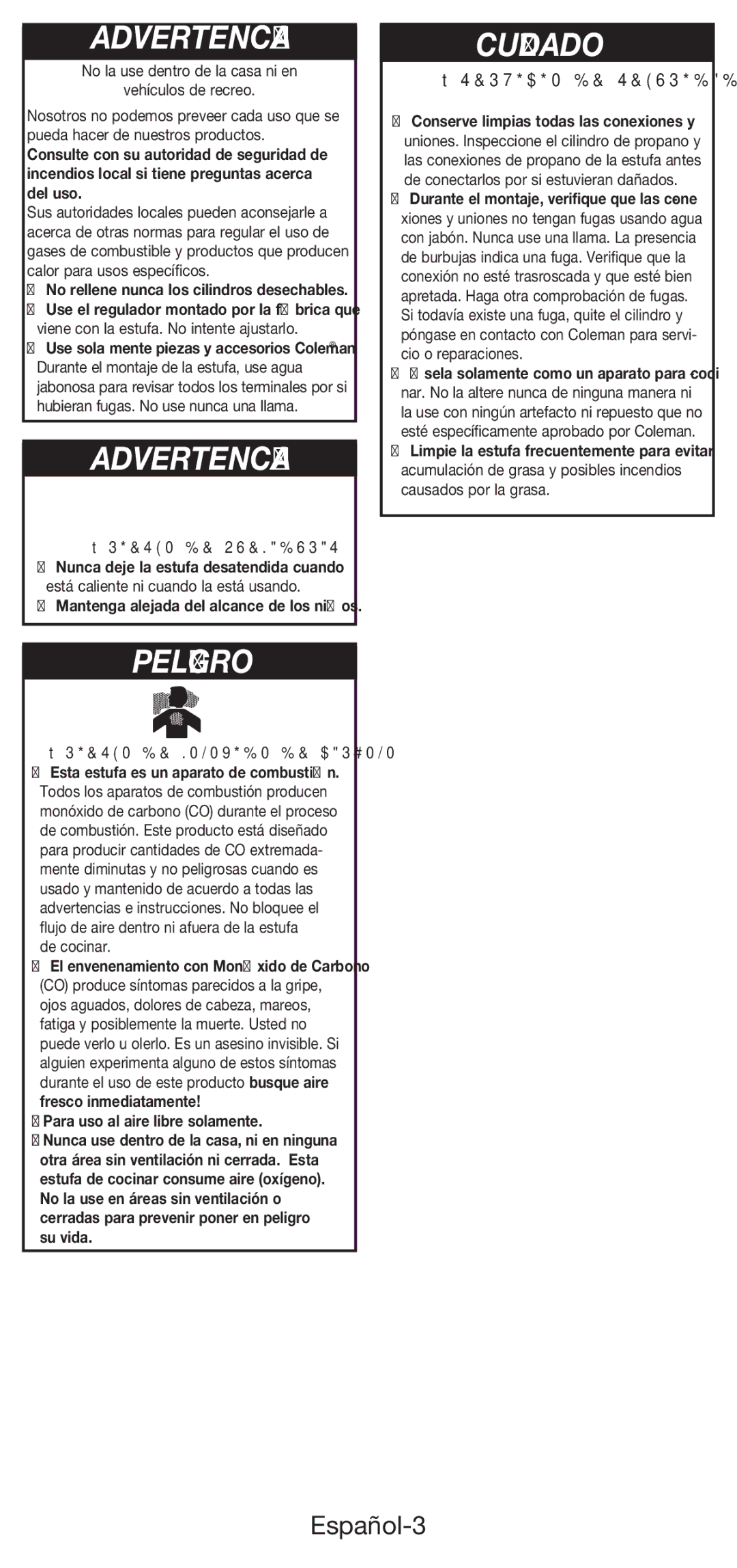 Coleman 5453A manual Español-3, Servicio DE Seguridad, Riesgo DE Quemaduras, Riesgo DE Monoxido DE Carbono 