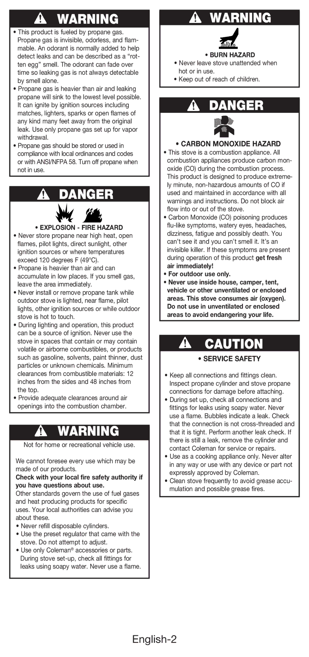 Coleman 5453A manual English-2, Carbon Monoxide Hazard, Service Safety, Explosion Fire Hazard, Burn Hazard 