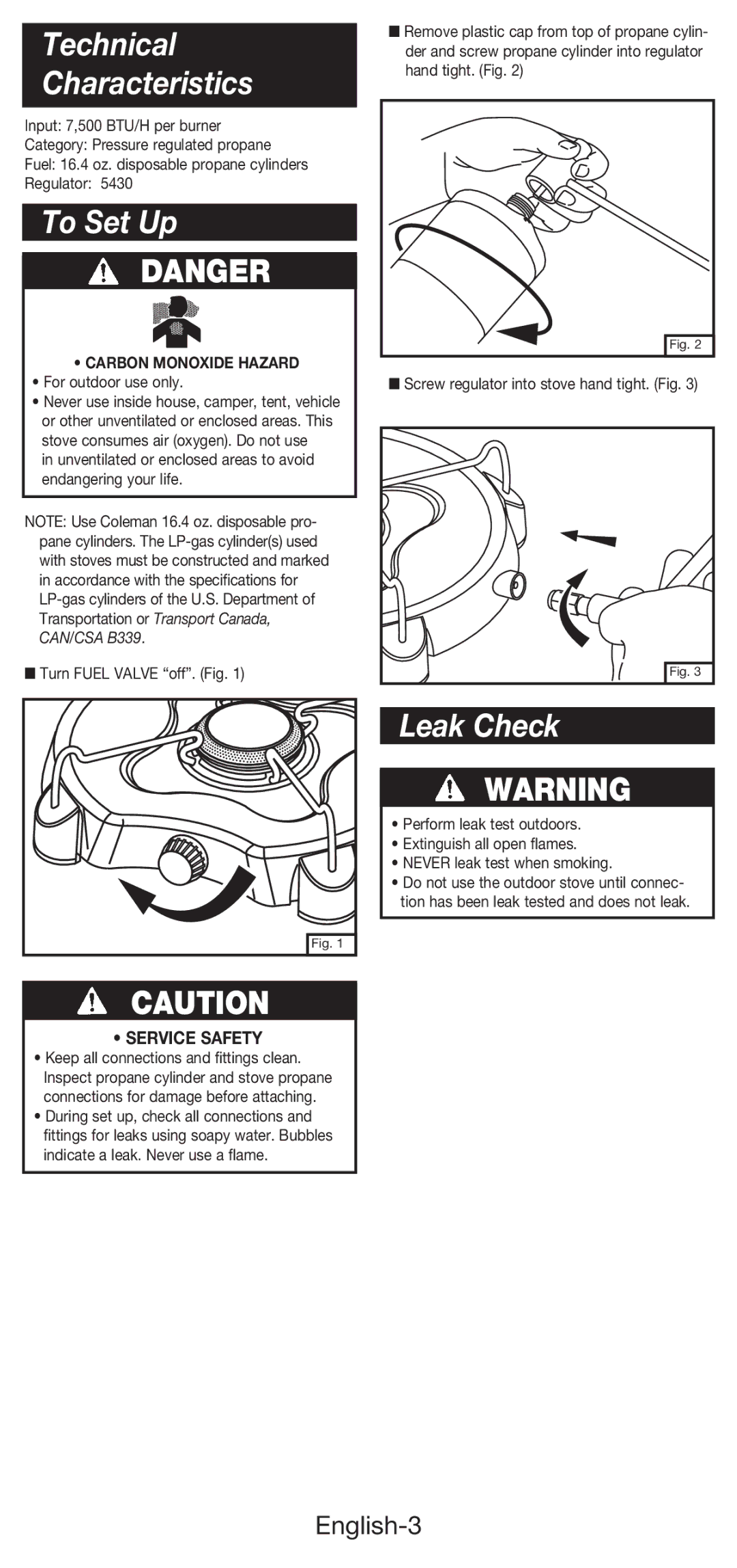 Coleman 5453A manual Technical Characteristics, To Set Up, Leak Check, English-3, Carbon Monoxide Hazard 