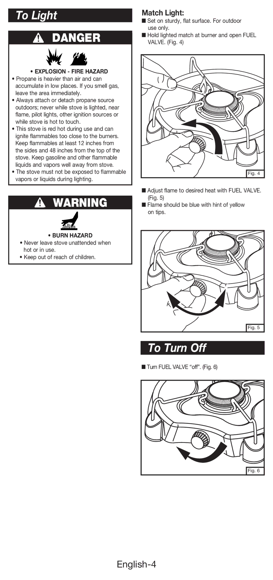 Coleman 5453A manual To Light, To Turn Off, English-4, Match Light 