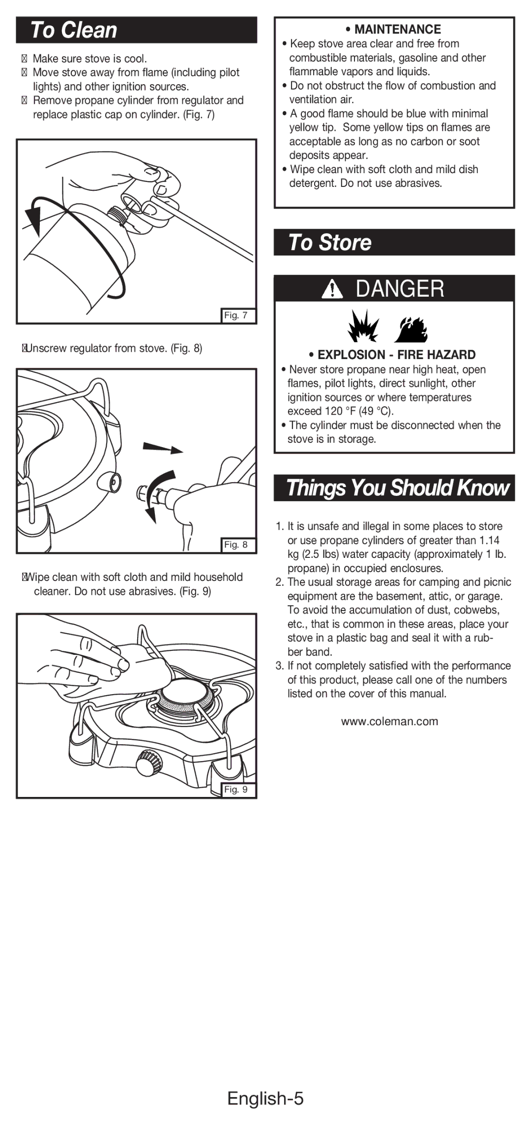 Coleman 5453A manual To Clean, To Store, English-5, Maintenance, Explosion Fire Hazard 