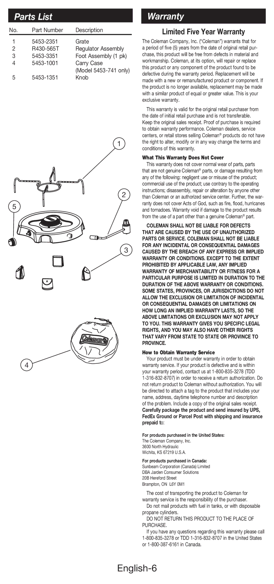 Coleman 5453A manual Parts List, English-6, Limited Five Year Warranty 