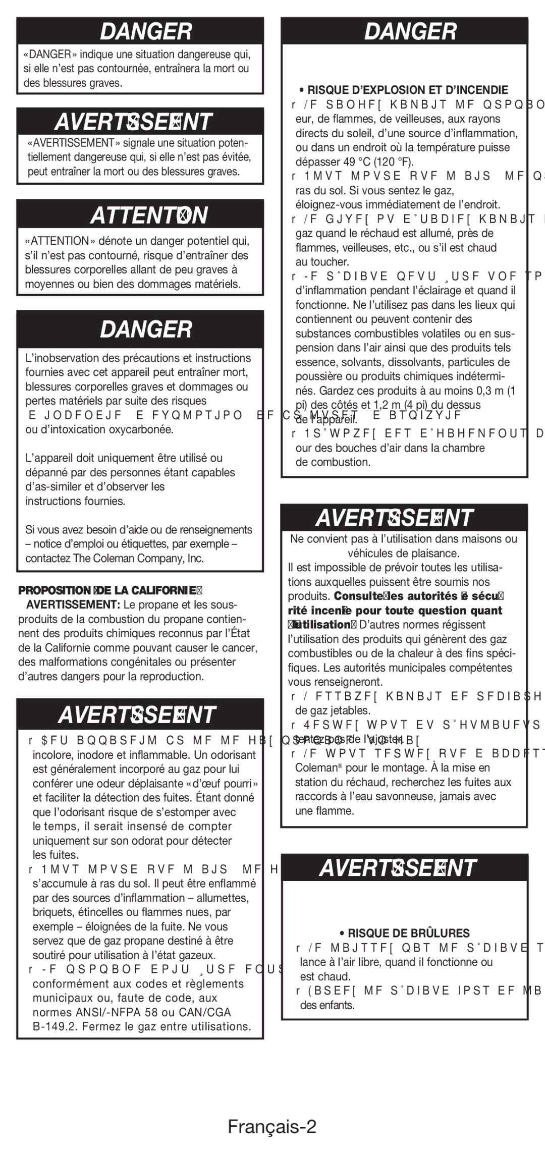 Coleman 5453A manual Français-2, Risque D’EXPLOSION ET D’INCENDIE, Risque DE Brûlures 