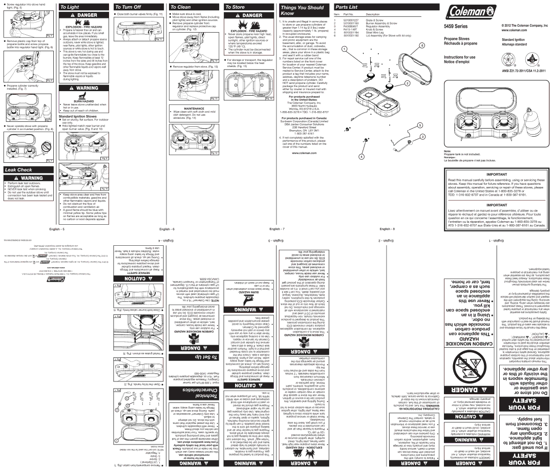 Coleman 5459 instruction manual To Light, To Turn Off, To Clean, To Store, Things You Should Know, Parts List, Leak Check 