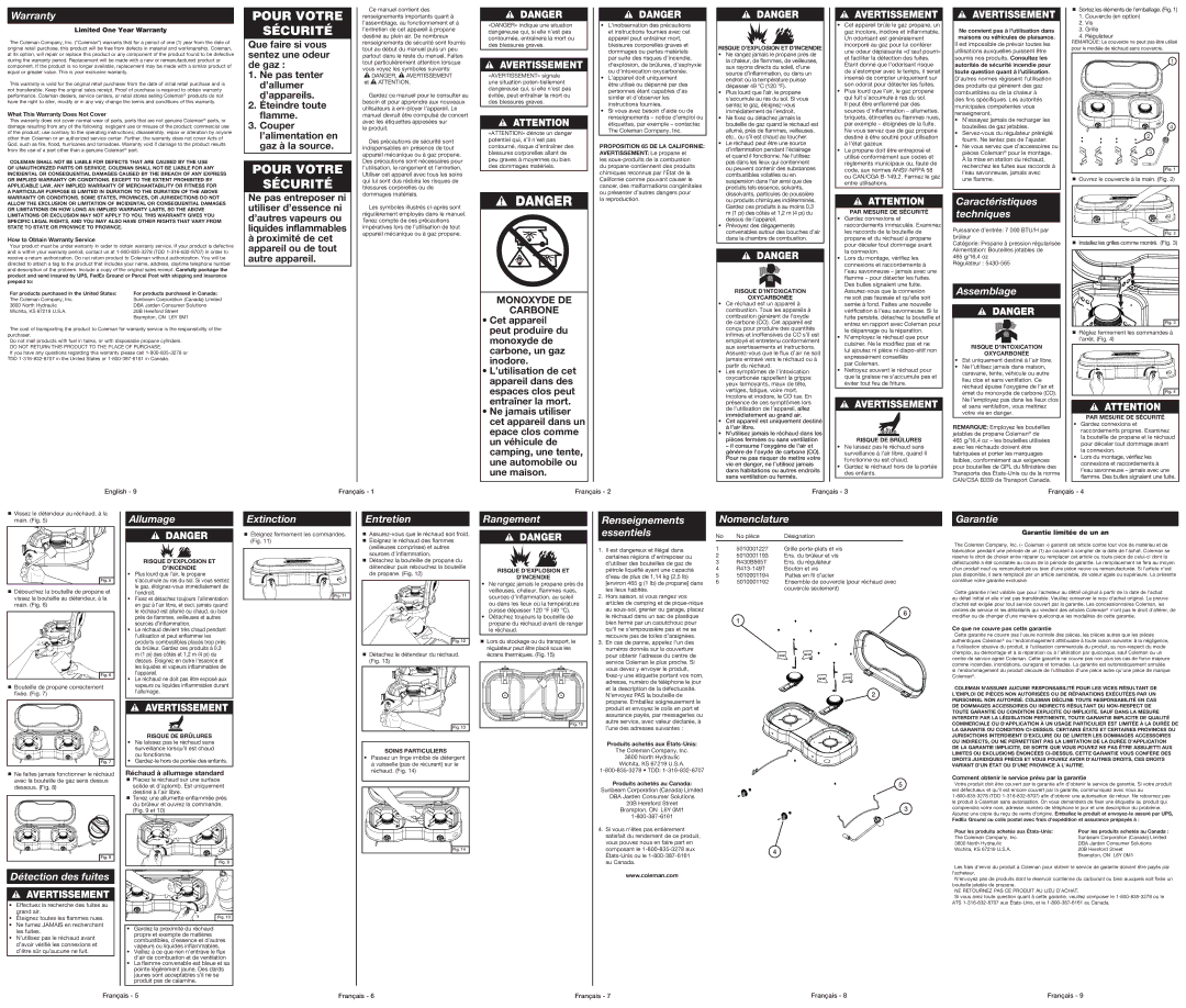 Coleman 5459 Warranty, Caractéristiques techniques, Assemblage, Allumage, Extinction, Entretien, Rangement, Nomenclature 