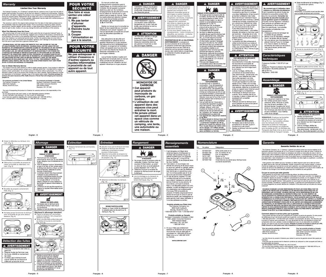 Coleman 5459 instruction manual Pour Votre Sécurité, Danger, Warranty 