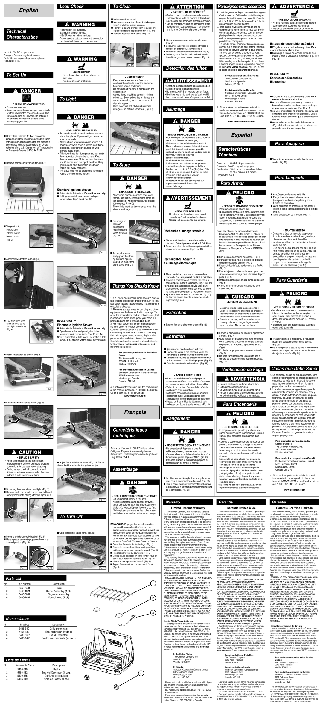 Coleman 5466 Technical Characteristics, To Set Up, Leak Check, To Light, To Clean, To Store, Assemblage, Allumage 