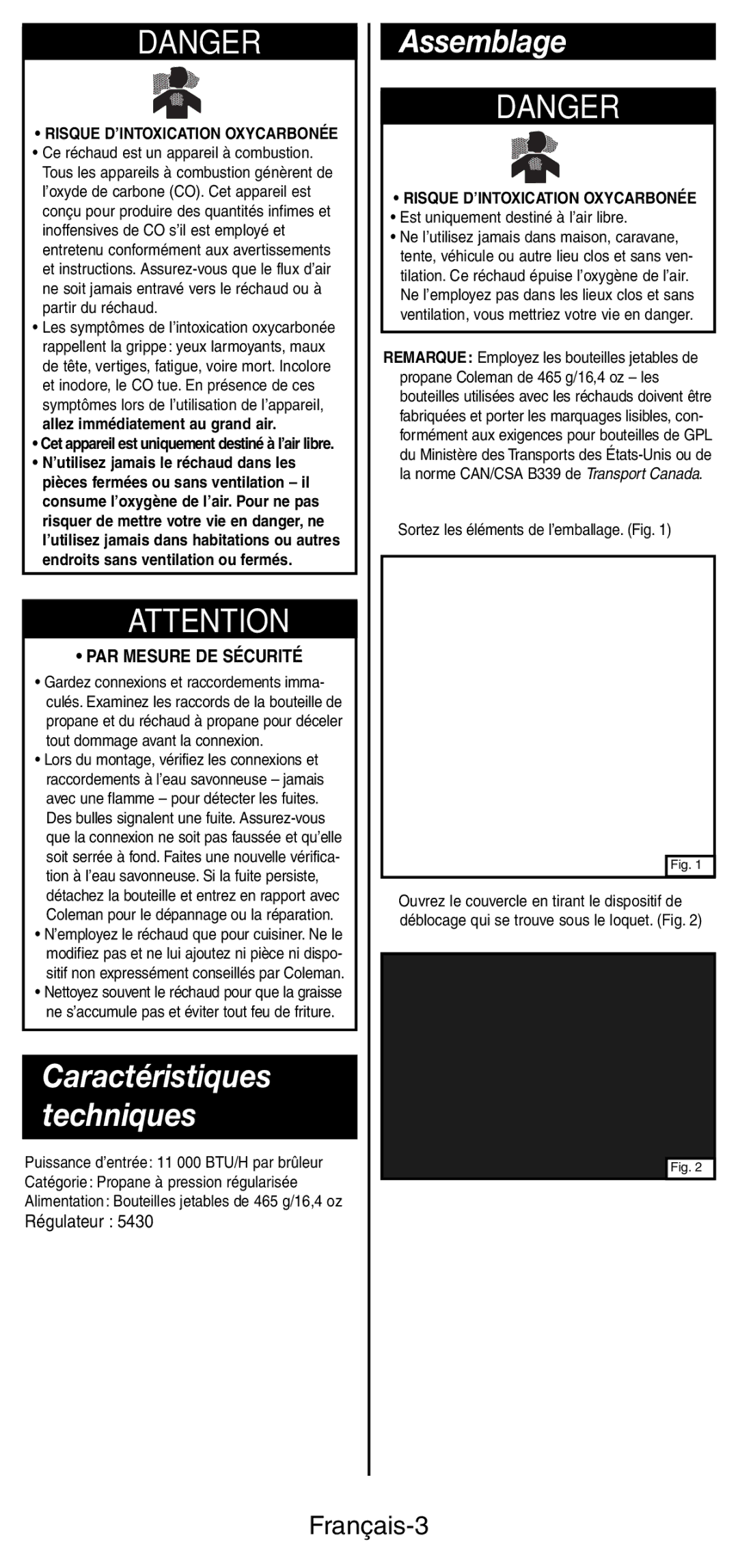 Coleman 5466A manual Assemblage, Français-3, PAR Mesure DE Sécurité, Risque D’INTOXICATION Oxycarbonée 