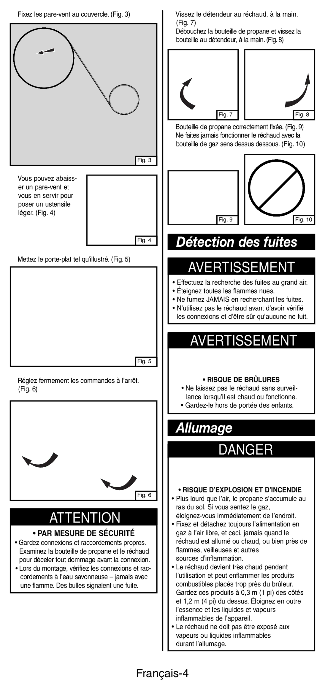 Coleman 5466A manual Détection des fuites, Allumage, Français-4 