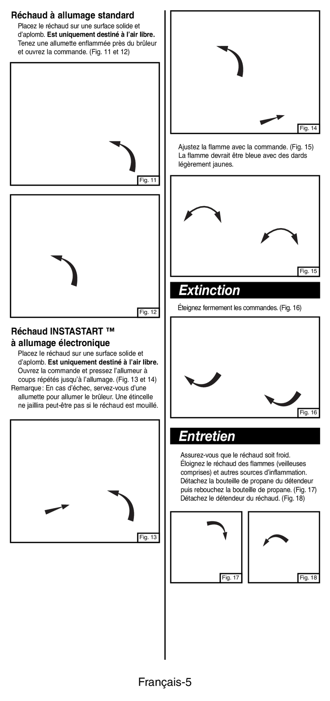 Coleman 5466A manual Extinction, Entretien, Français-5, Réchaud à allumage standard 