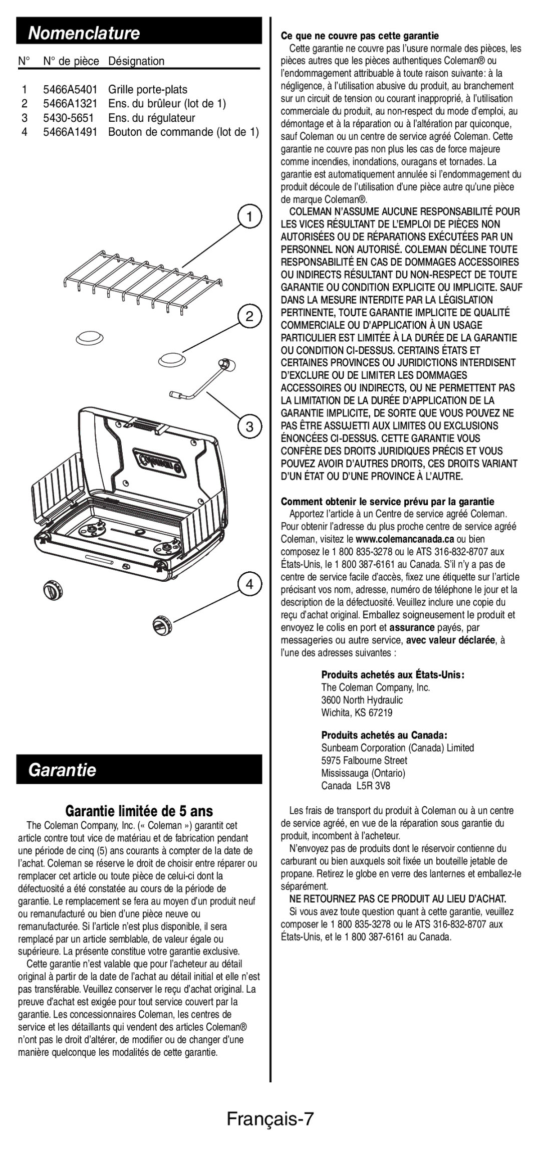 Coleman 5466A manual Nomenclature, Garantie, Français-7 