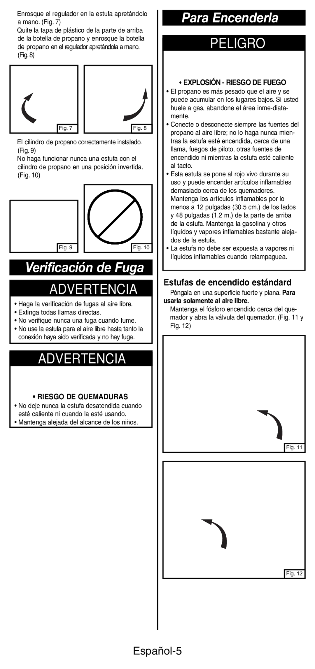 Coleman 5466A manual Verificación de Fuga, Para Encenderla, Español-5, Estufas de encendido estándard 