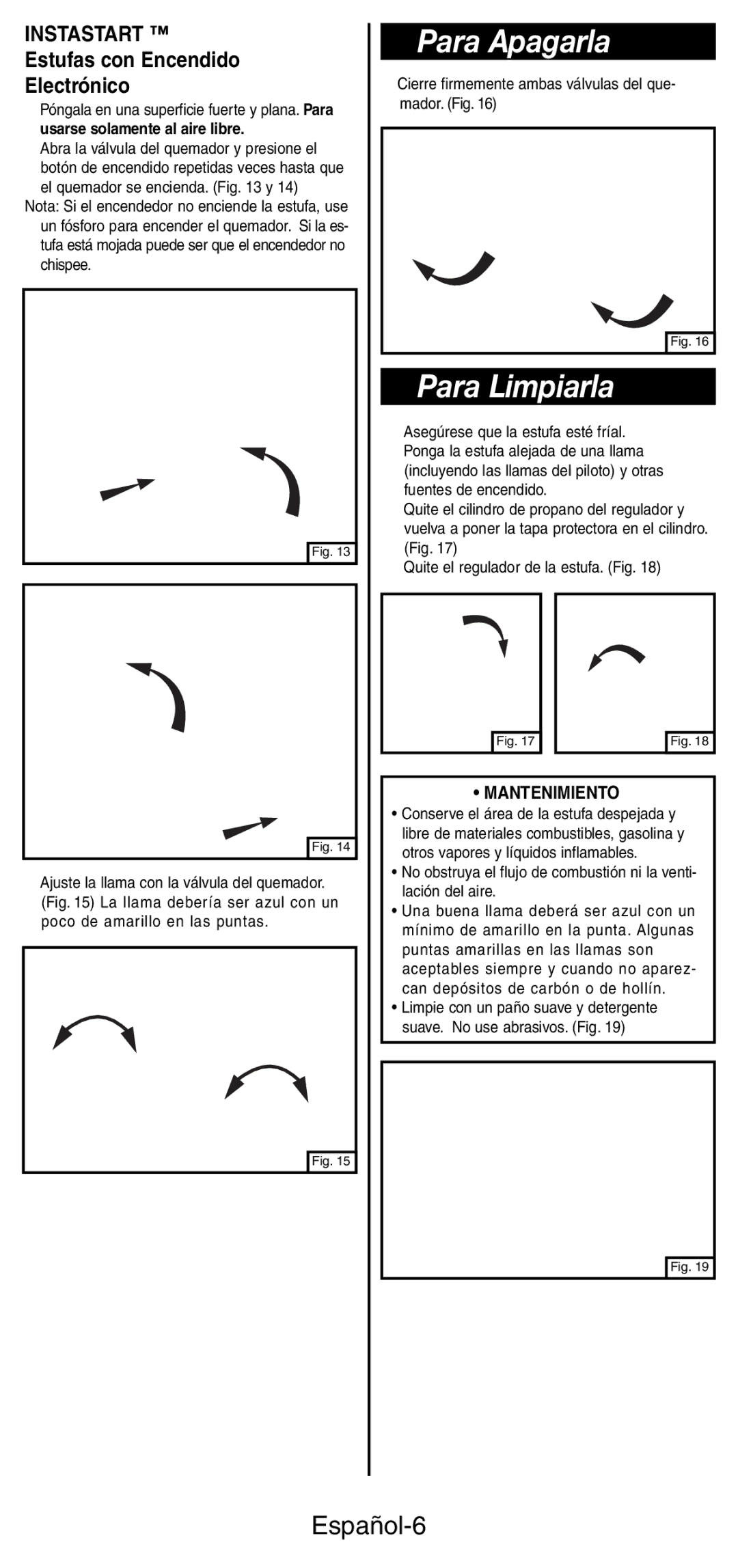 Coleman 5466A manual Para Apagarla, Para Limpiarla, Español-6, Estufas con Encendido Electrónico, Mantenimiento 